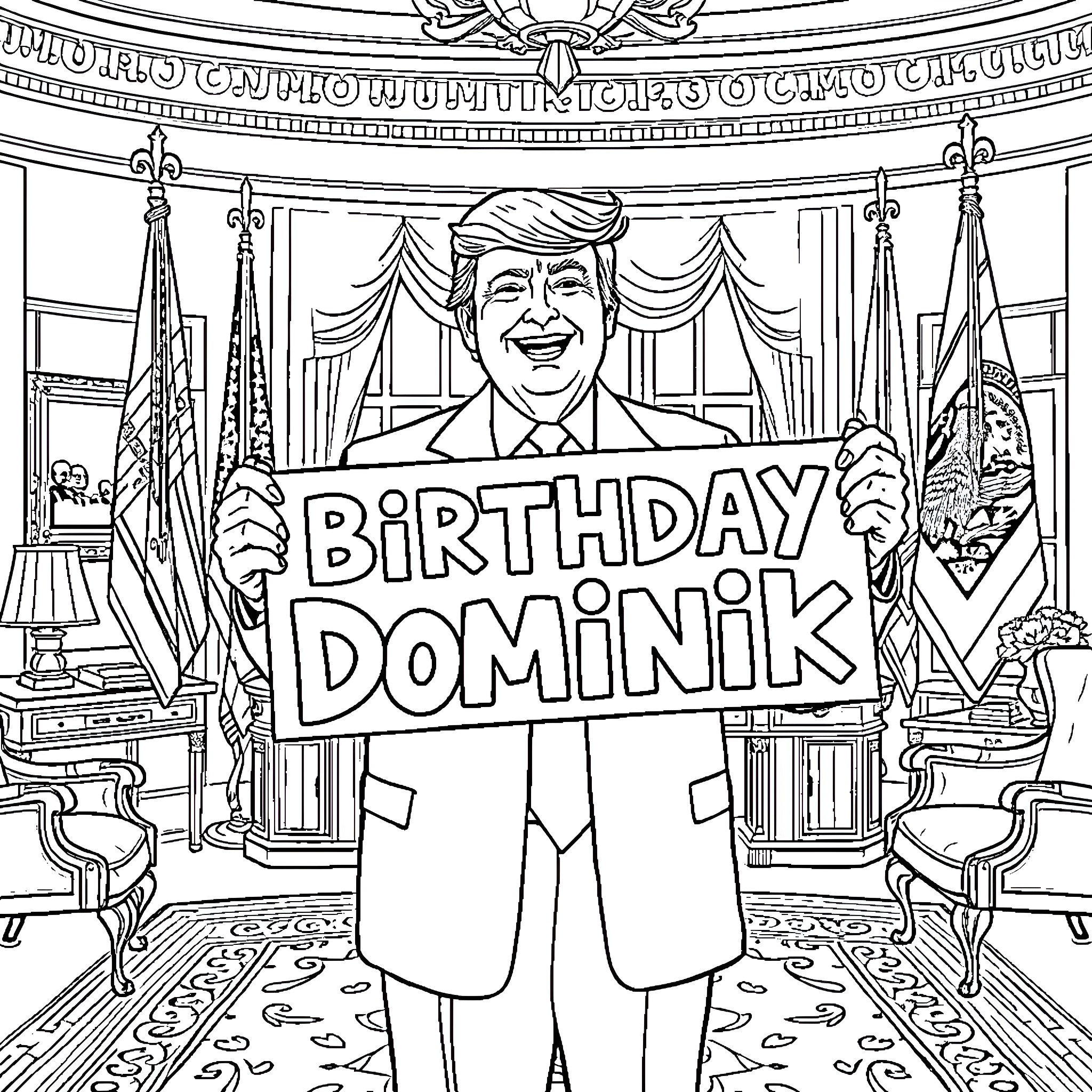 Donald Trump Celebrates Birthday in Oval Office Coloring Page (free black-and-white line drawing printable PDF for all, from beginners to advanced learners, including children, teens, adults, and seniors)