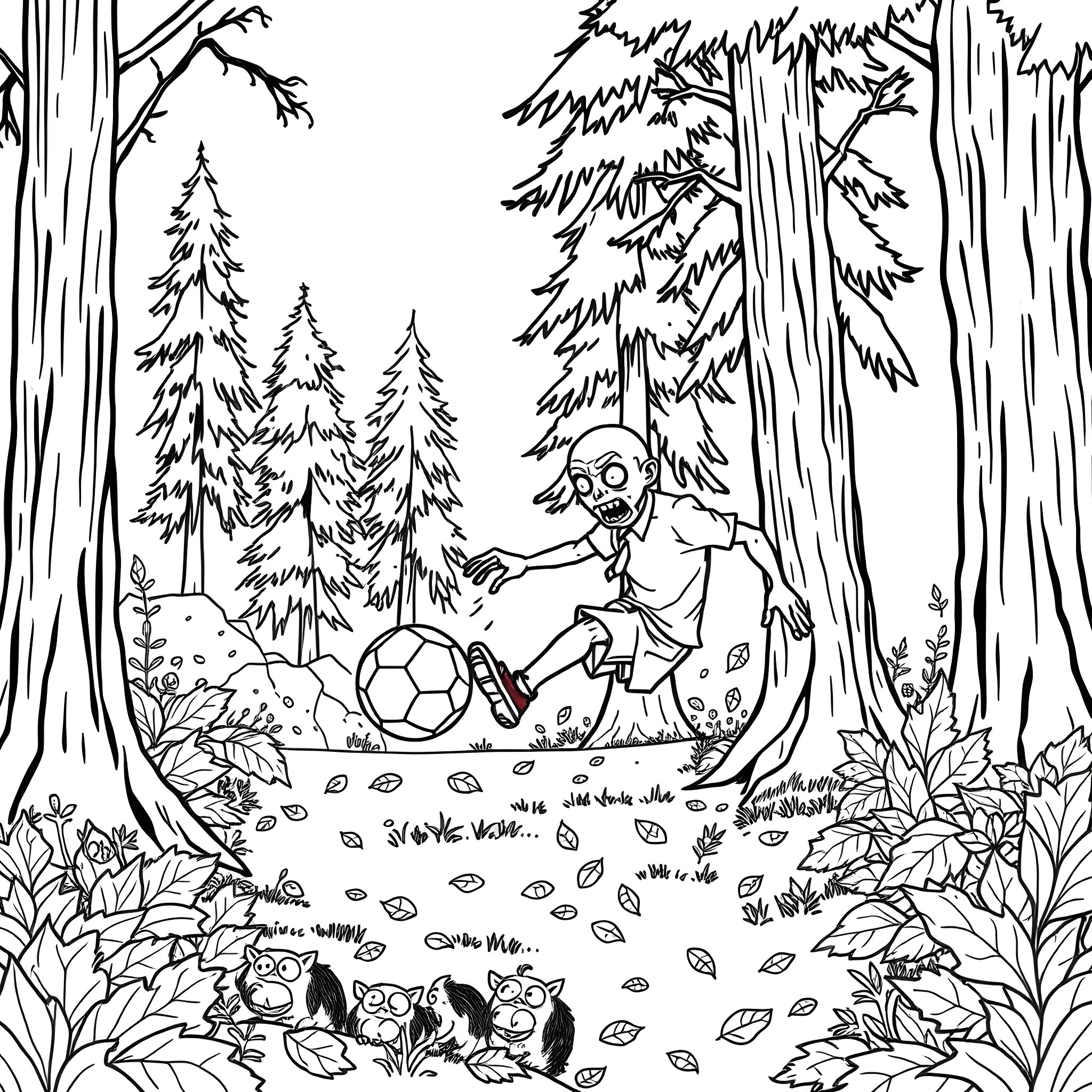 Zombie Kicking Soccer Ball in Spooky Forest Coloring Page (free black-and-white line drawing printable PDF for all, from beginners to advanced learners, including children, teens, adults, and seniors)