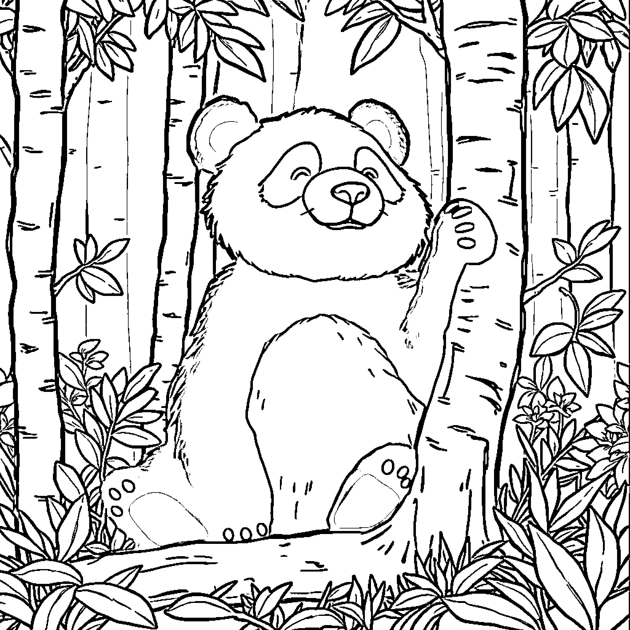 Panda sitting in a lush forest Coloring Page (free black-and-white line drawing printable PDF for all, from beginners to advanced learners, including children, teens, adults, and seniors)