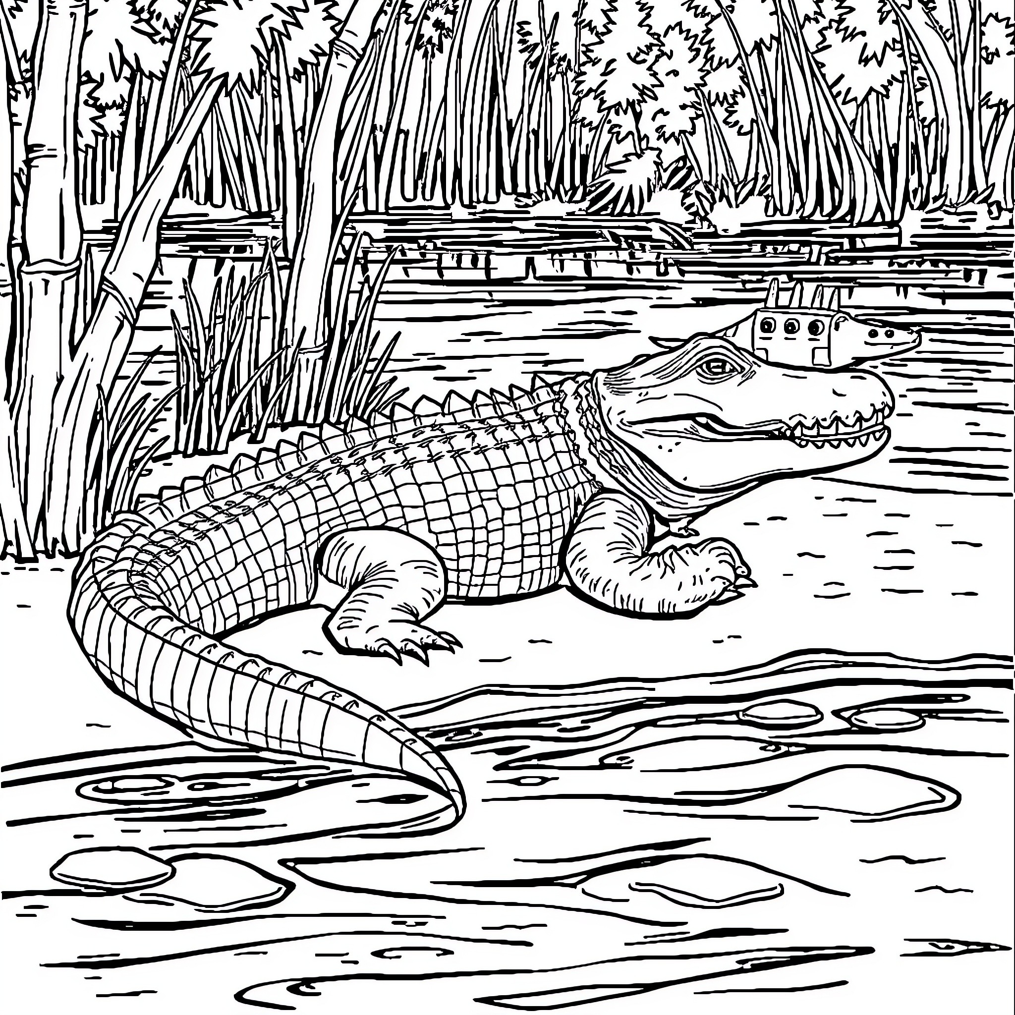 Alligator lounging peacefully in the swampy waters Coloring Page (free black-and-white line drawing printable PDF for all, from beginners to advanced learners, including children, teens, adults, and seniors)