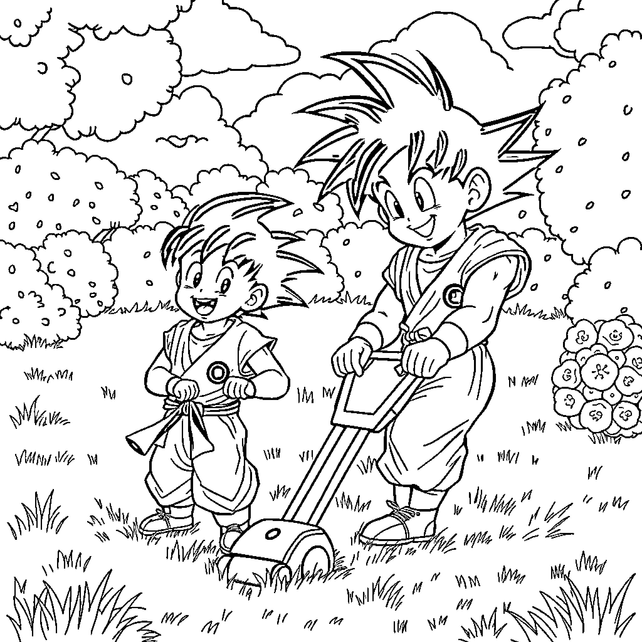 Son Goku and Chichi playing in the grassy field Coloring Page (free black-and-white line drawing printable PDF for all, from beginners to advanced learners, including children, teens, adults, and seniors)