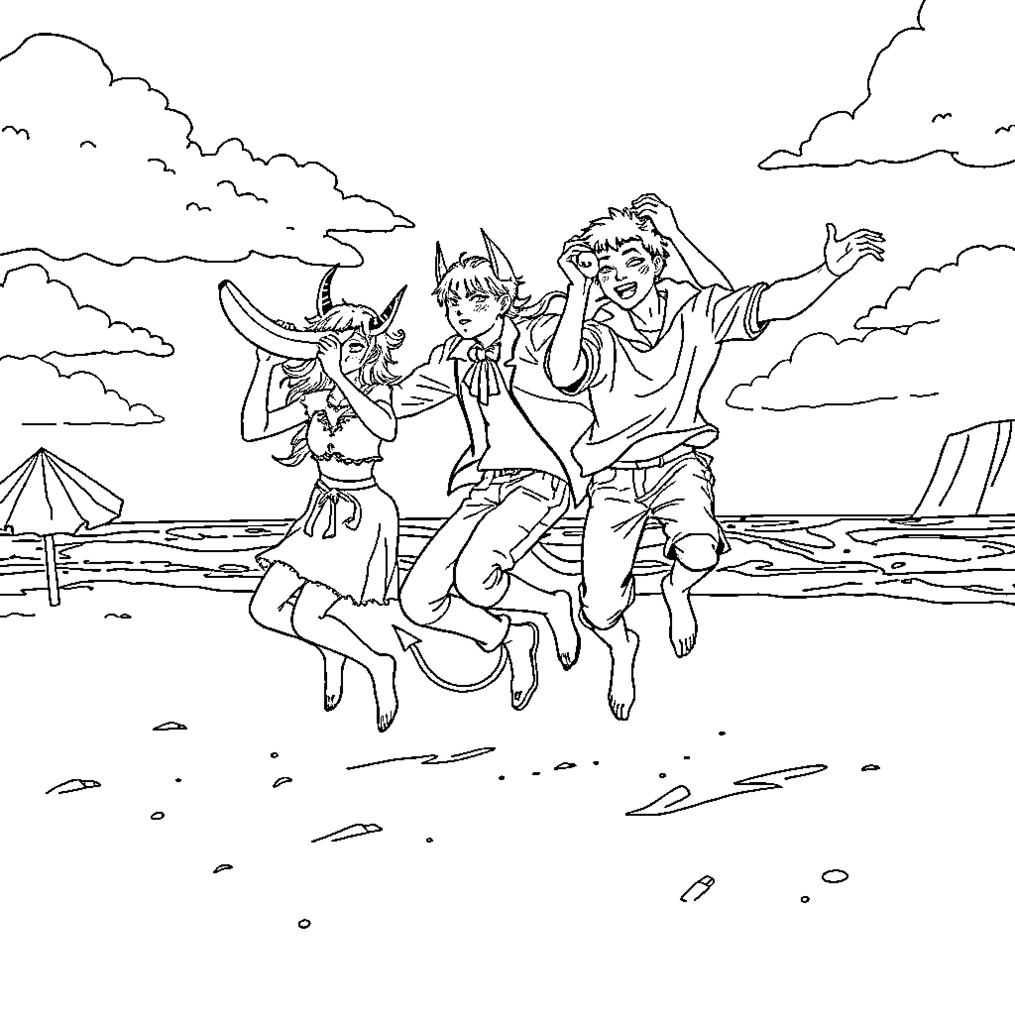Demon Hunter's Joyful Beach Adventure Coloring Page (free black-and-white line drawing printable PDF for all, from beginners to advanced learners, including children, teens, adults, and seniors)
