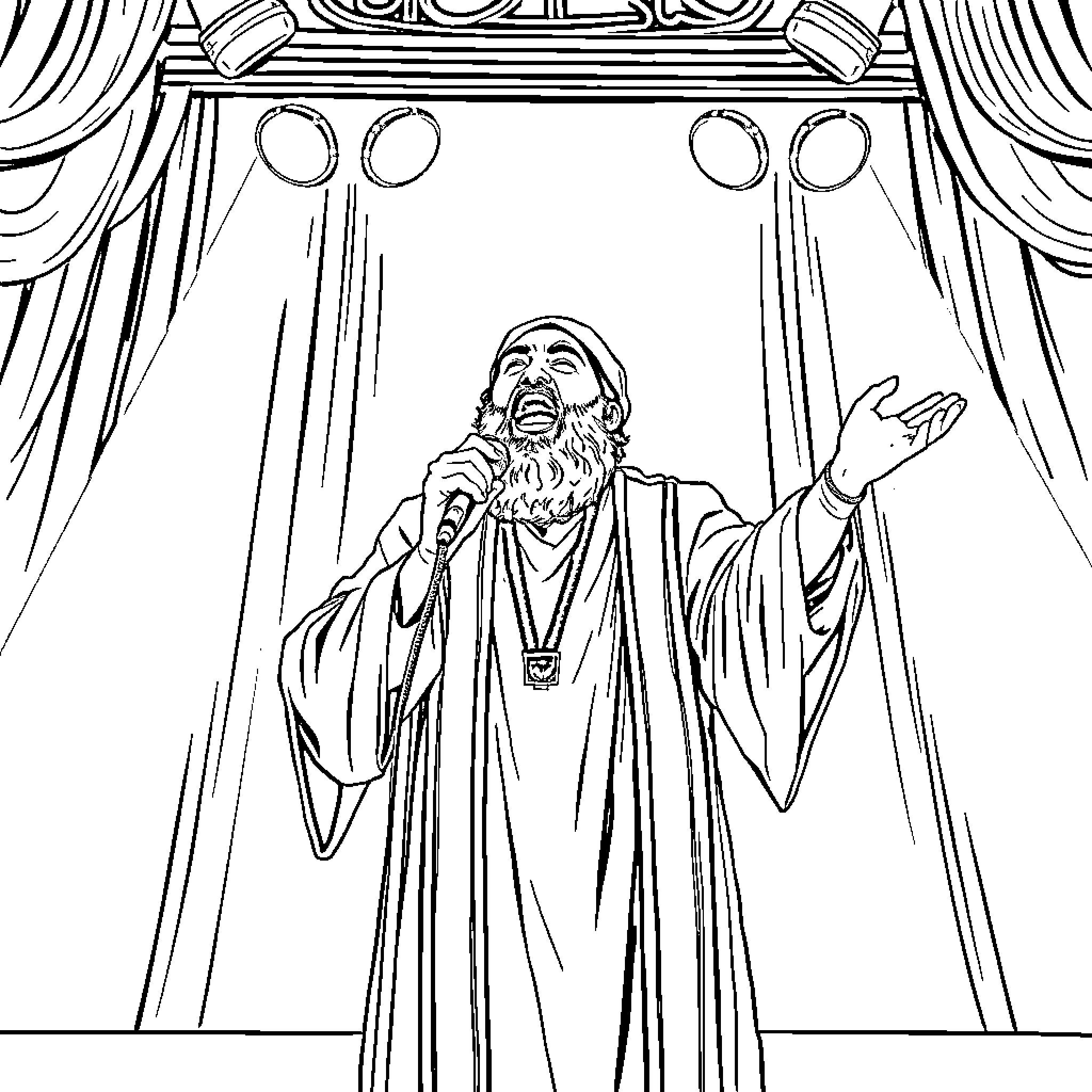 Rumi preaching on stage with dramatic flair Coloring Page (free black-and-white line drawing printable PDF for all, from beginners to advanced learners, including children, teens, adults, and seniors)