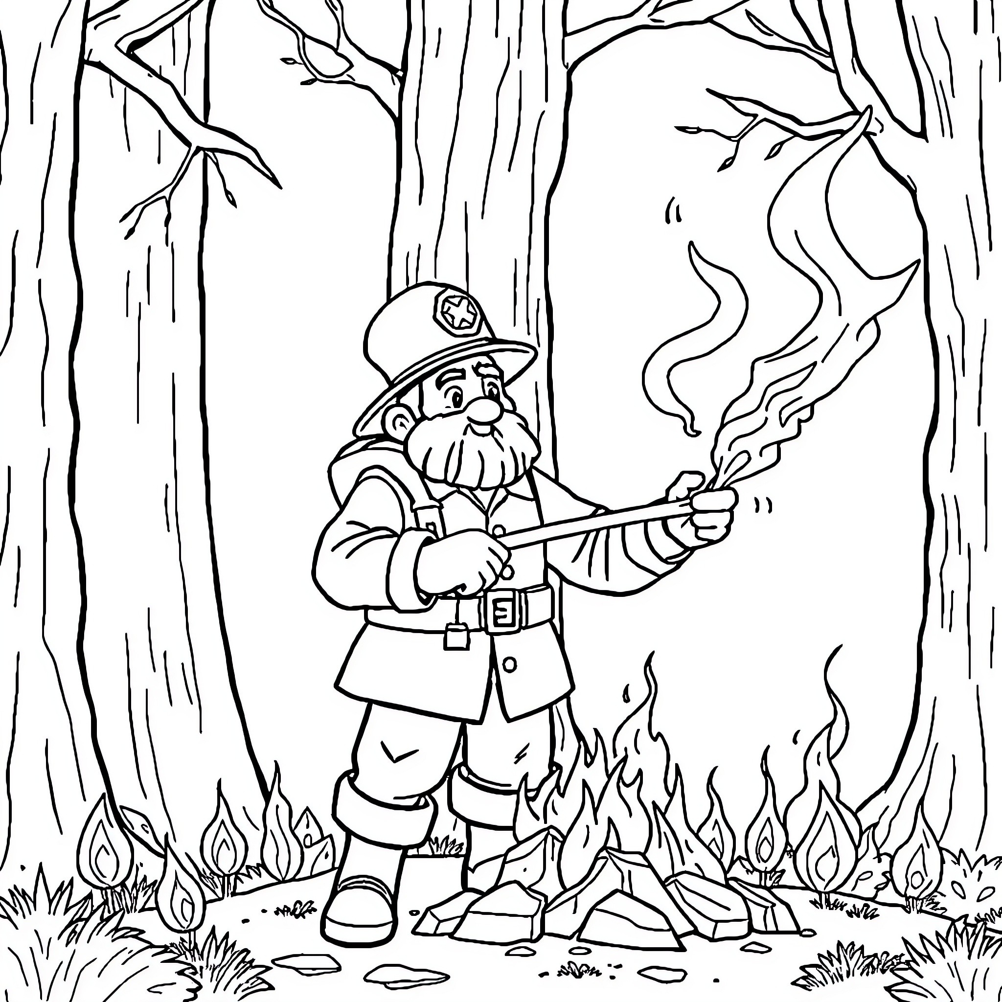 Firefighter tackling forest blaze with determination Coloring Page (free black-and-white line drawing printable PDF for all, from beginners to advanced learners, including children, teens, adults, and seniors)