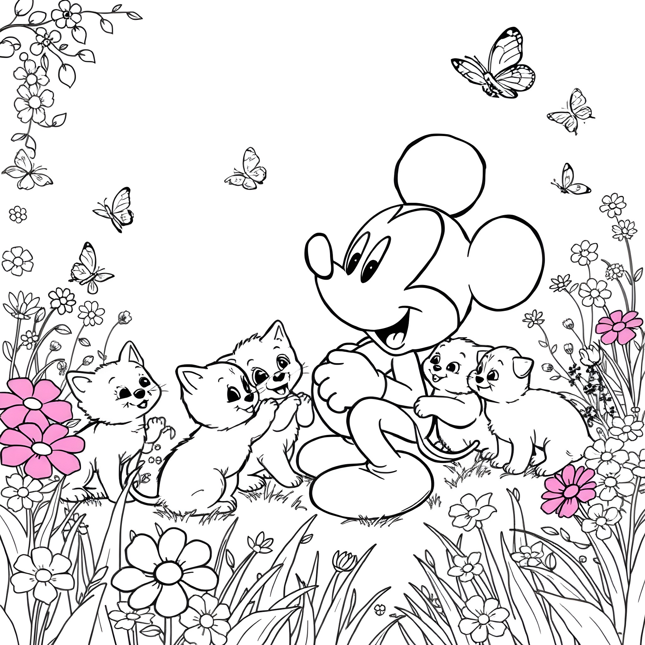 Mickey Mouse with adorable kittens in a flower garden Coloring Page (free black-and-white line drawing printable PDF for all, from beginners to advanced learners, including children, teens, adults, and seniors)