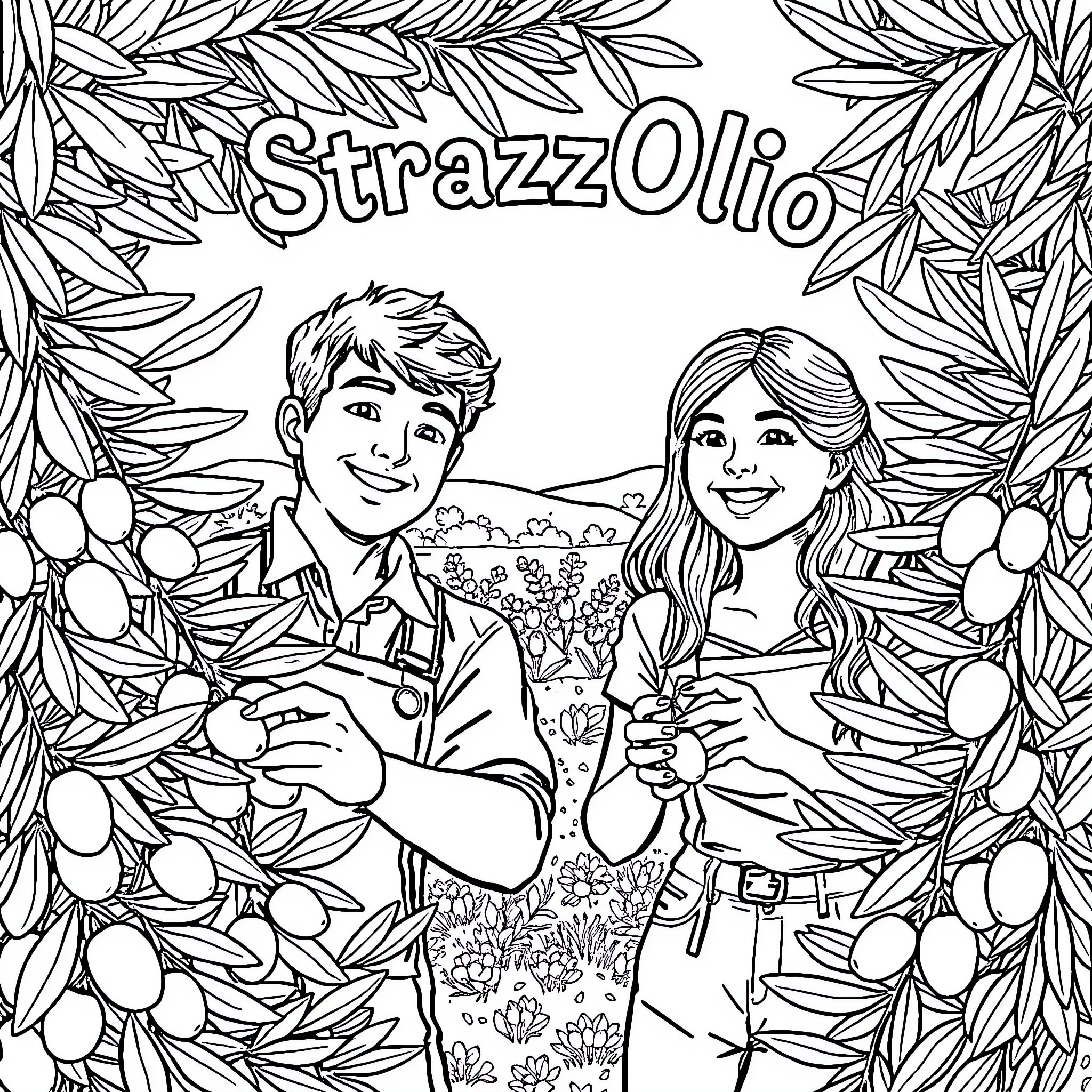 Farmer couple harvesting olives in the orchard Coloring Page (free black-and-white line drawing printable PDF for all, from beginners to advanced learners, including children, teens, adults, and seniors)