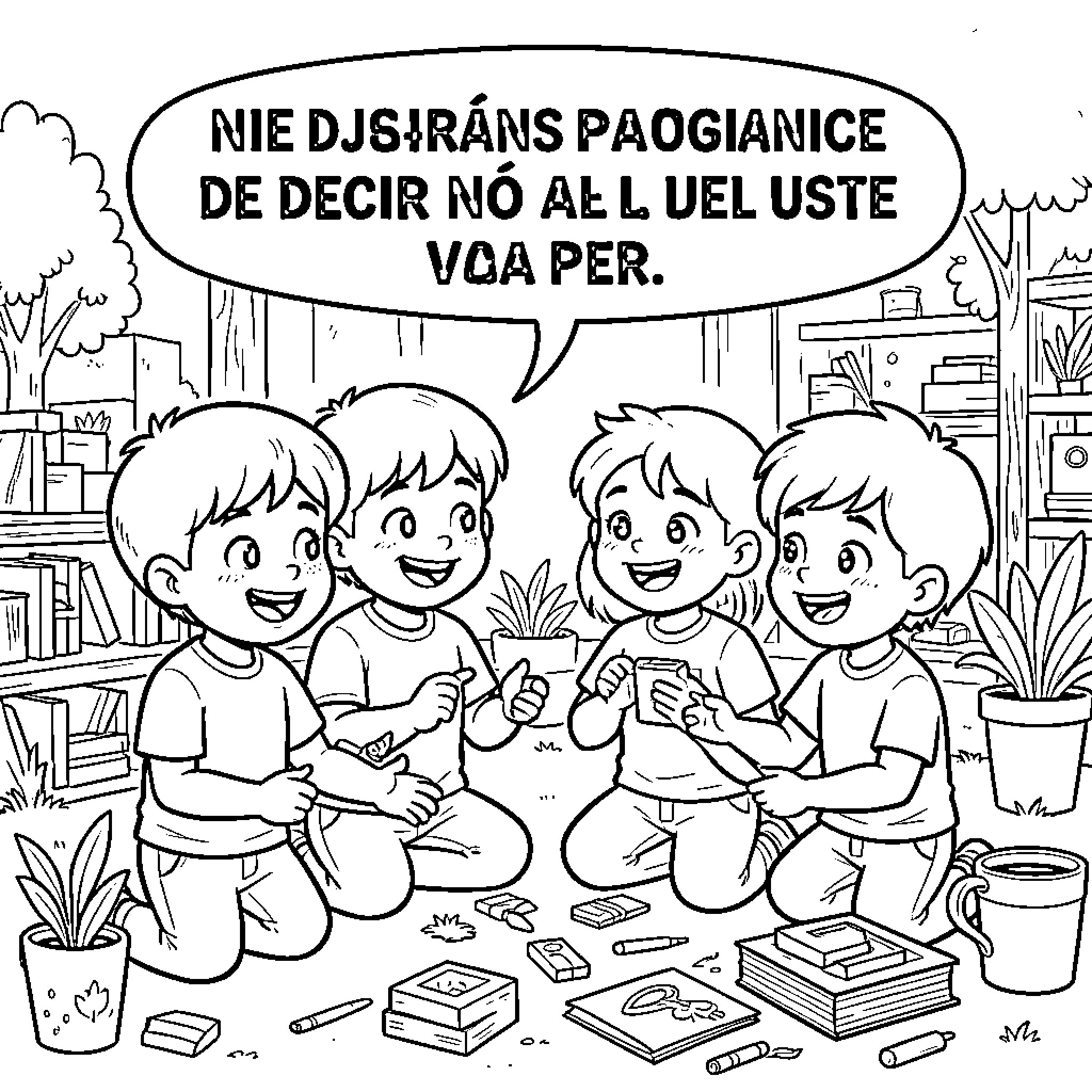 Niños jugueteando y disfrutando juntos en la biblioteca Coloring Page (free black-and-white line drawing printable PDF for all, from beginners to advanced learners, including children, teens, adults, and seniors)