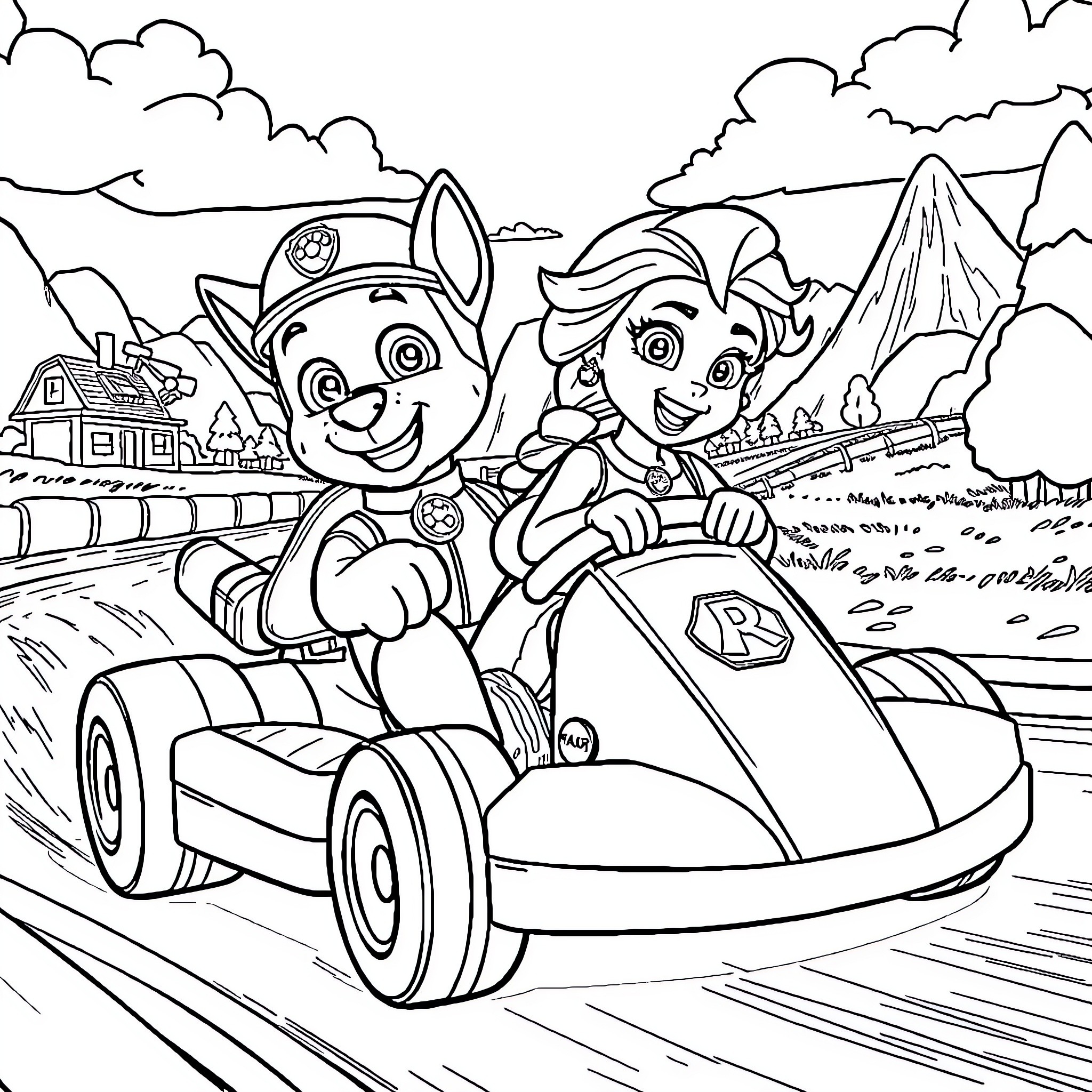 Paw Patrol Characters Race in Vehicle on Mountain Road Coloring Page (free black-and-white line drawing printable PDF for all, from beginners to advanced learners, including children, teens, adults, and seniors)