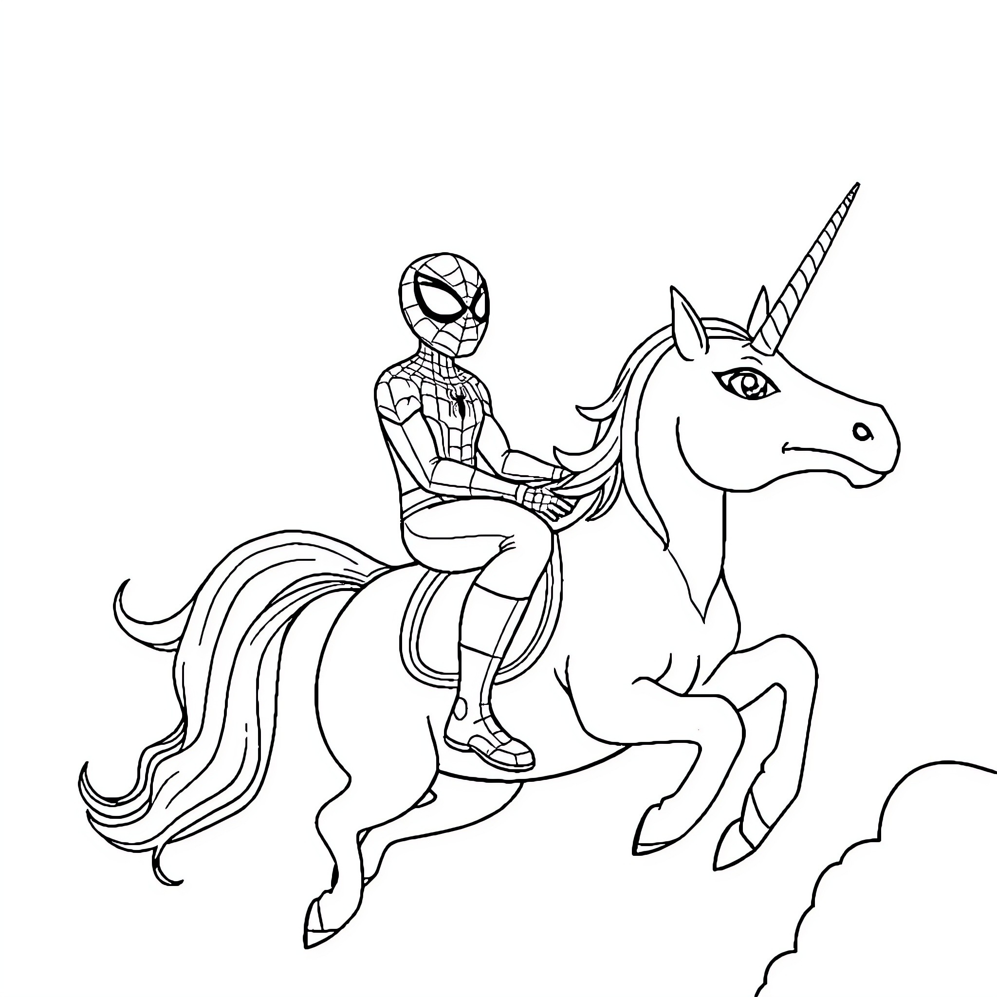 Spiderman riding a magical unicorn Coloring Page (free black-and-white line drawing printable PDF for all, from beginners to advanced learners, including children, teens, adults, and seniors)