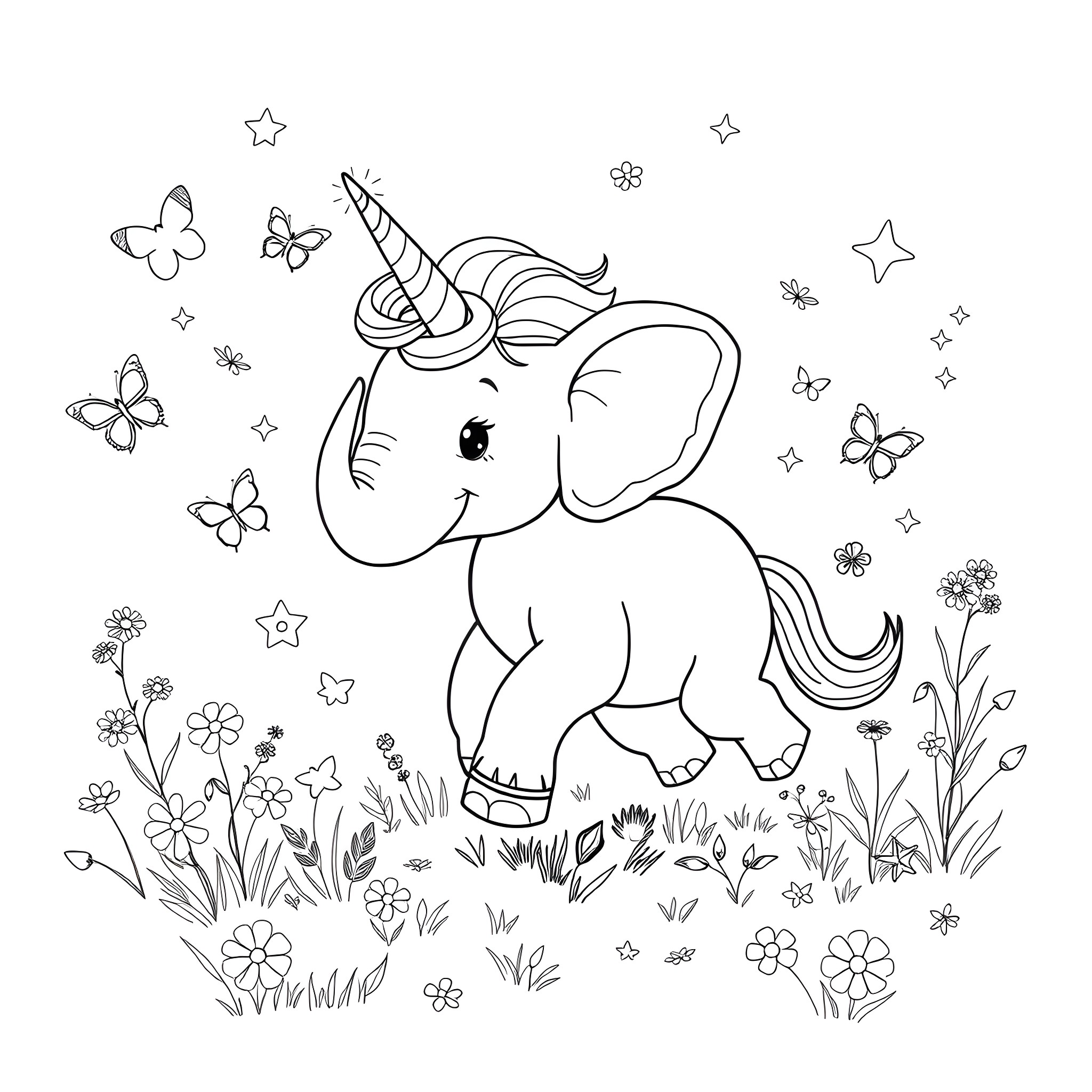 Elephant unicorn playing in magical floral meadow Coloring Page (free black-and-white line drawing printable PDF for all, from beginners to advanced learners, including children, teens, adults, and seniors)