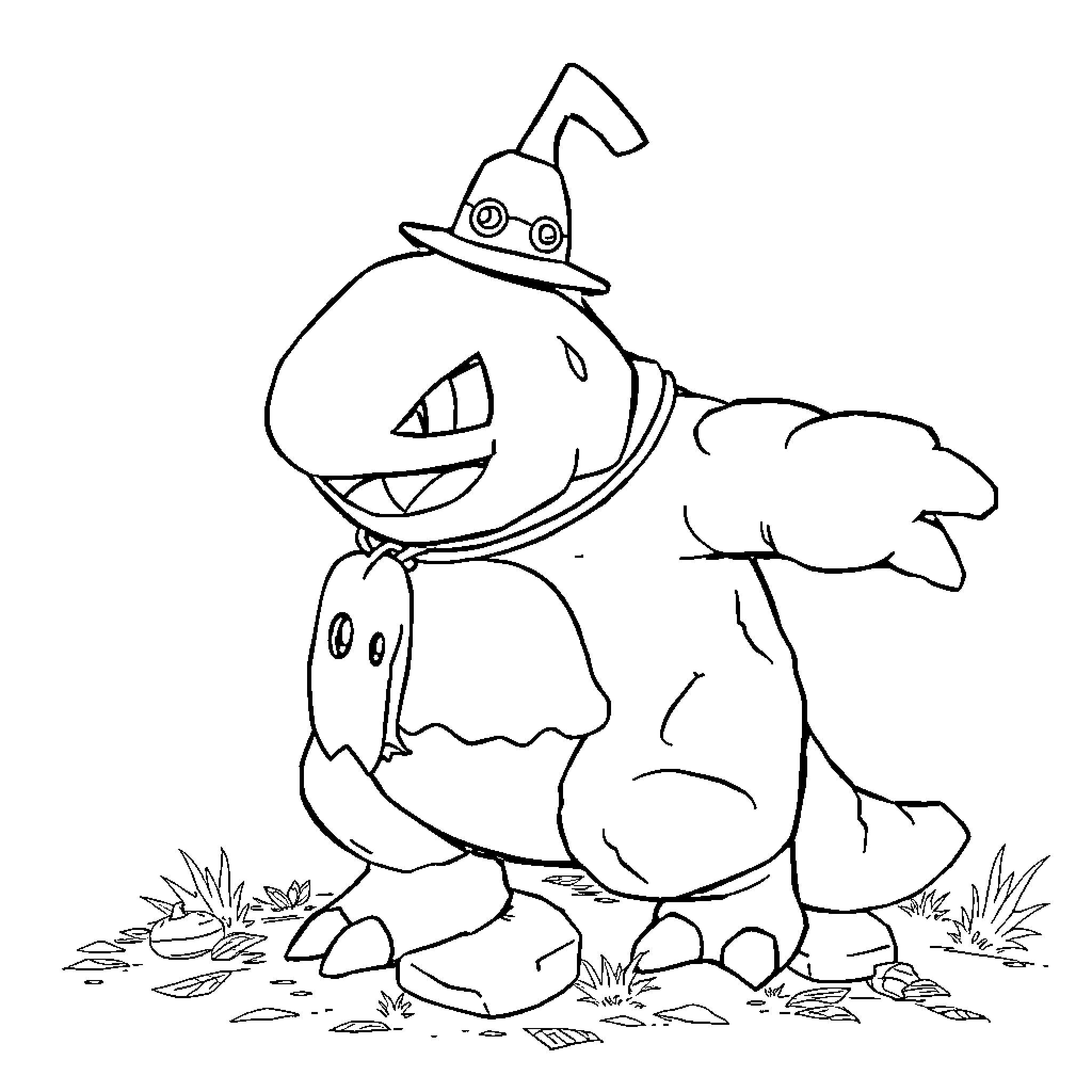 Regirock in Spooky Outfit Coloring Page (free black-and-white line drawing printable PDF for all, from beginners to advanced learners, including children, teens, adults, and seniors)