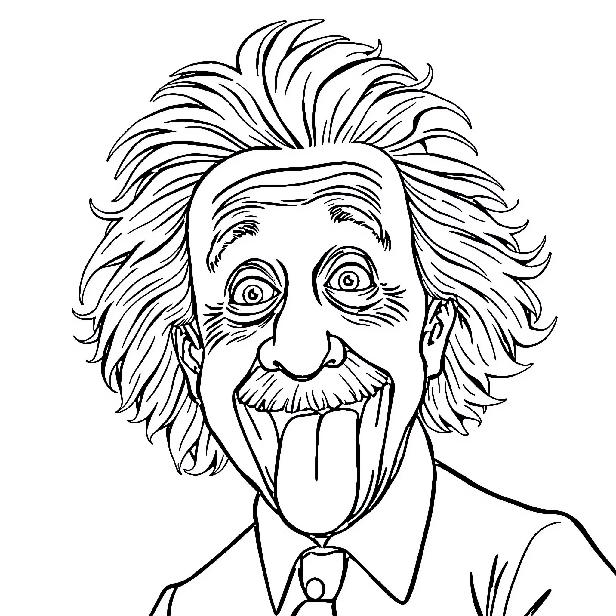 Einstein's Exaggerated Expression Coloring Page (free black-and-white line drawing printable PDF for all, from beginners to advanced learners, including children, teens, adults, and seniors)