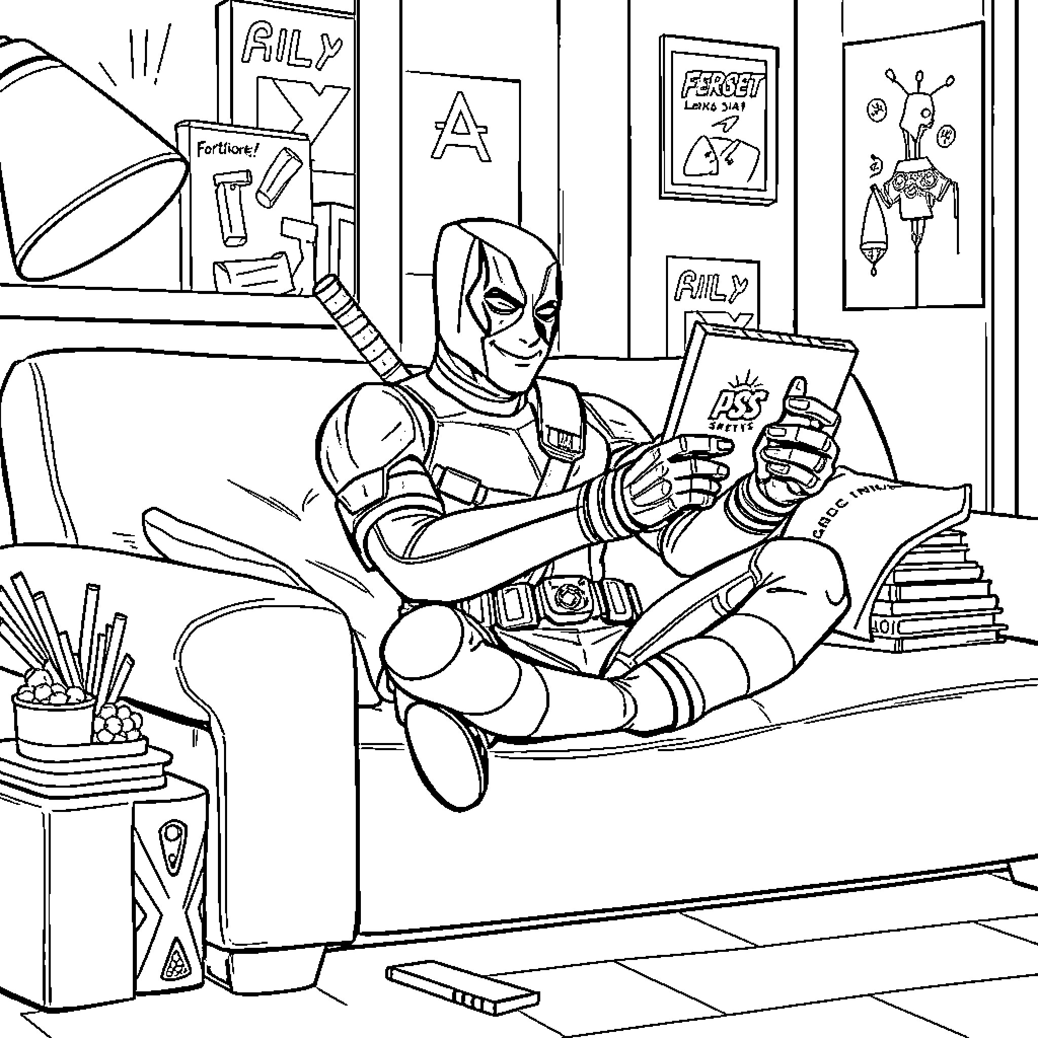 Deadpool Relaxing in His Lair Coloring Page (free black-and-white line drawing printable PDF for all, from beginners to advanced learners, including children, teens, adults, and seniors)
