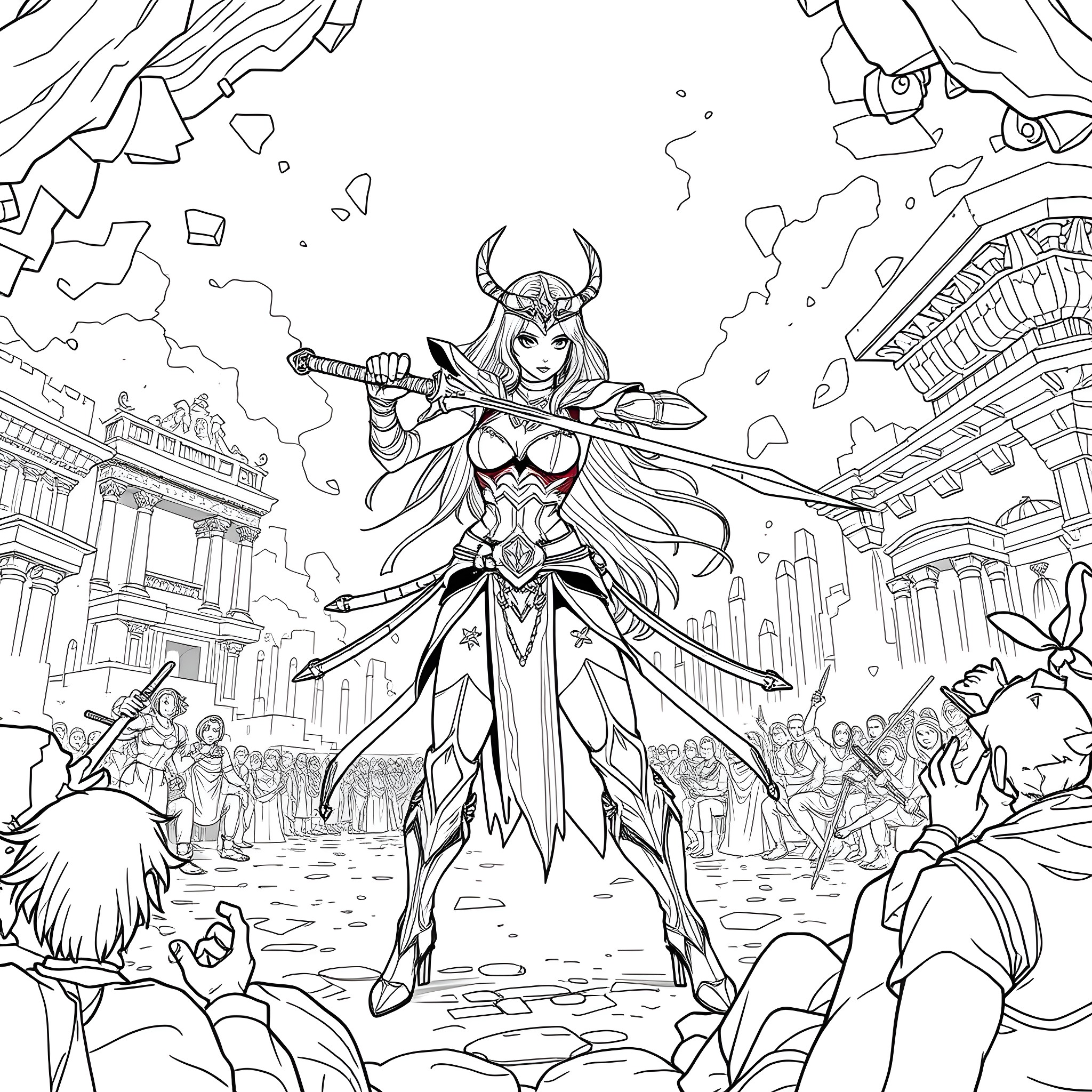 Mileena's Fierce Warrior Pose in the Chaos Coloring Page (free black-and-white line drawing printable PDF for all, from beginners to advanced learners, including children, teens, adults, and seniors)