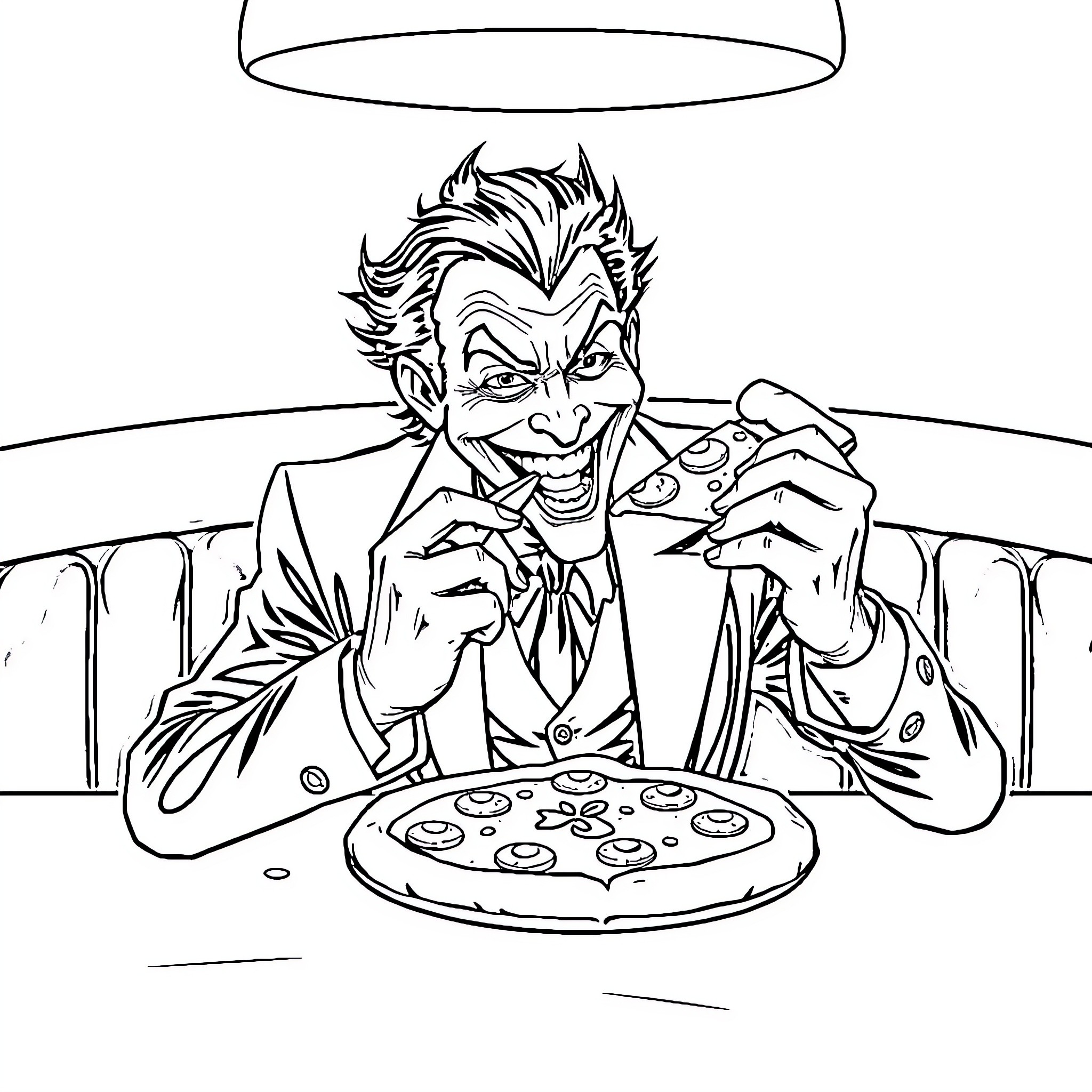 Joker enjoying a pizza feast Coloring Page (free black-and-white line drawing printable PDF for all, from beginners to advanced learners, including children, teens, adults, and seniors)