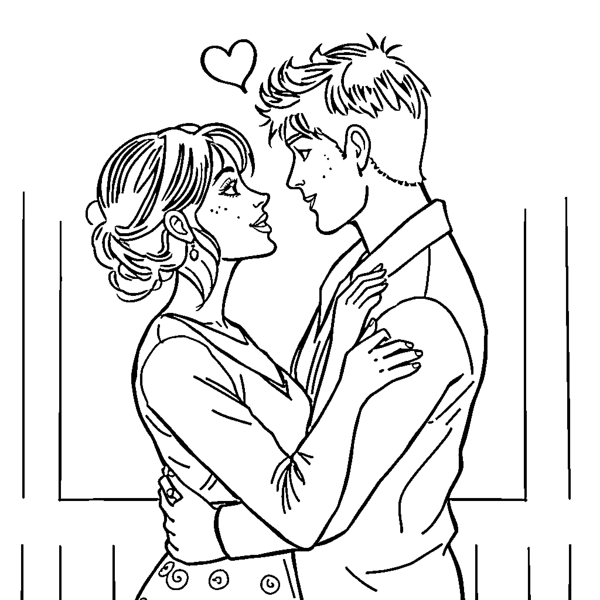 Woman and man in romantic embrace Coloring Page (free black-and-white line drawing printable PDF for all, from beginners to advanced learners, including children, teens, adults, and seniors)