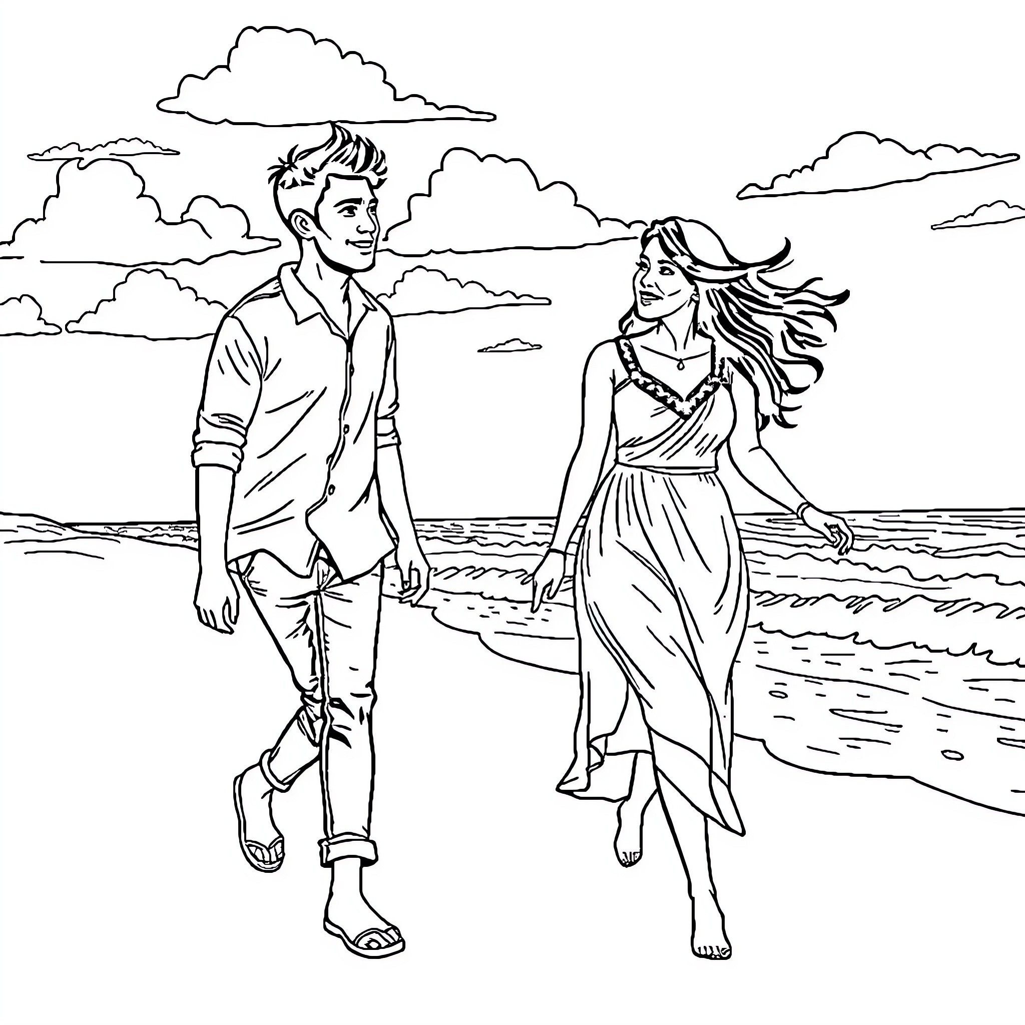 Couple enjoying a romantic walk on the beach Coloring Page (free black-and-white line drawing printable PDF for all, from beginners to advanced learners, including children, teens, adults, and seniors)