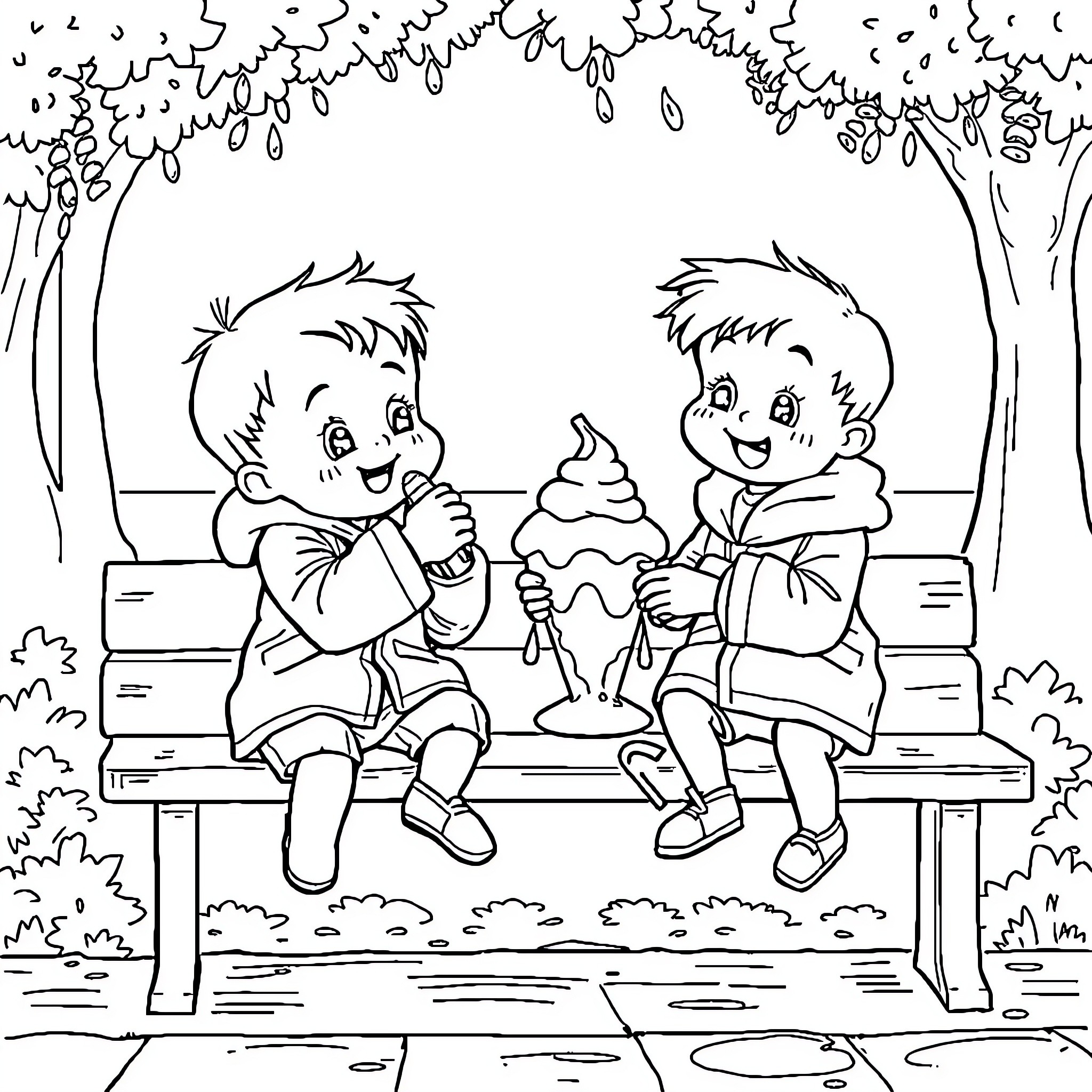 Baby boys enjoying ice cream on a park bench Coloring Page (free black-and-white line drawing printable PDF for all, from beginners to advanced learners, including children, teens, adults, and seniors)