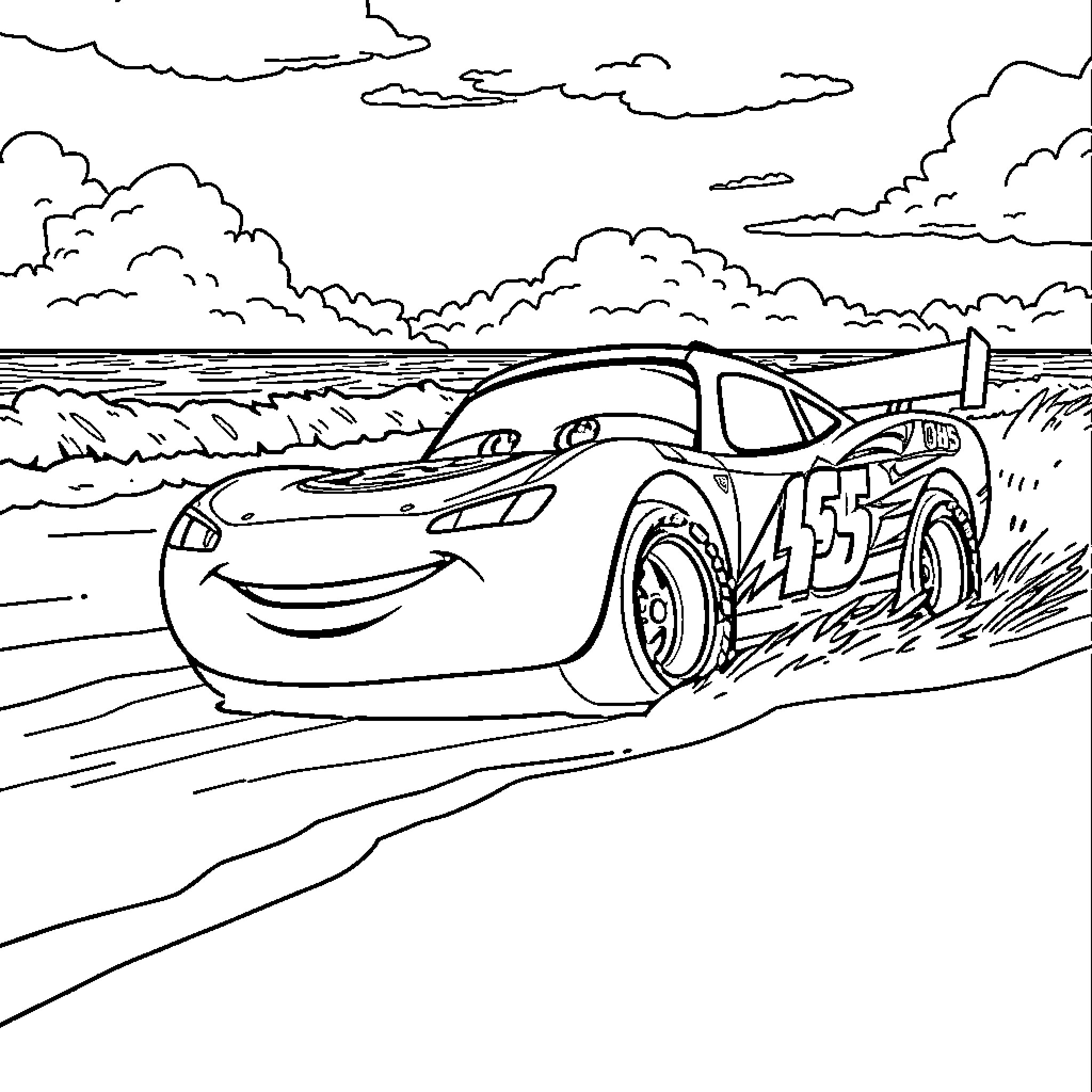 Lightning Queen Racing through the Countryside Coloring Page (free black-and-white line drawing printable PDF for all, from beginners to advanced learners, including children, teens, adults, and seniors)