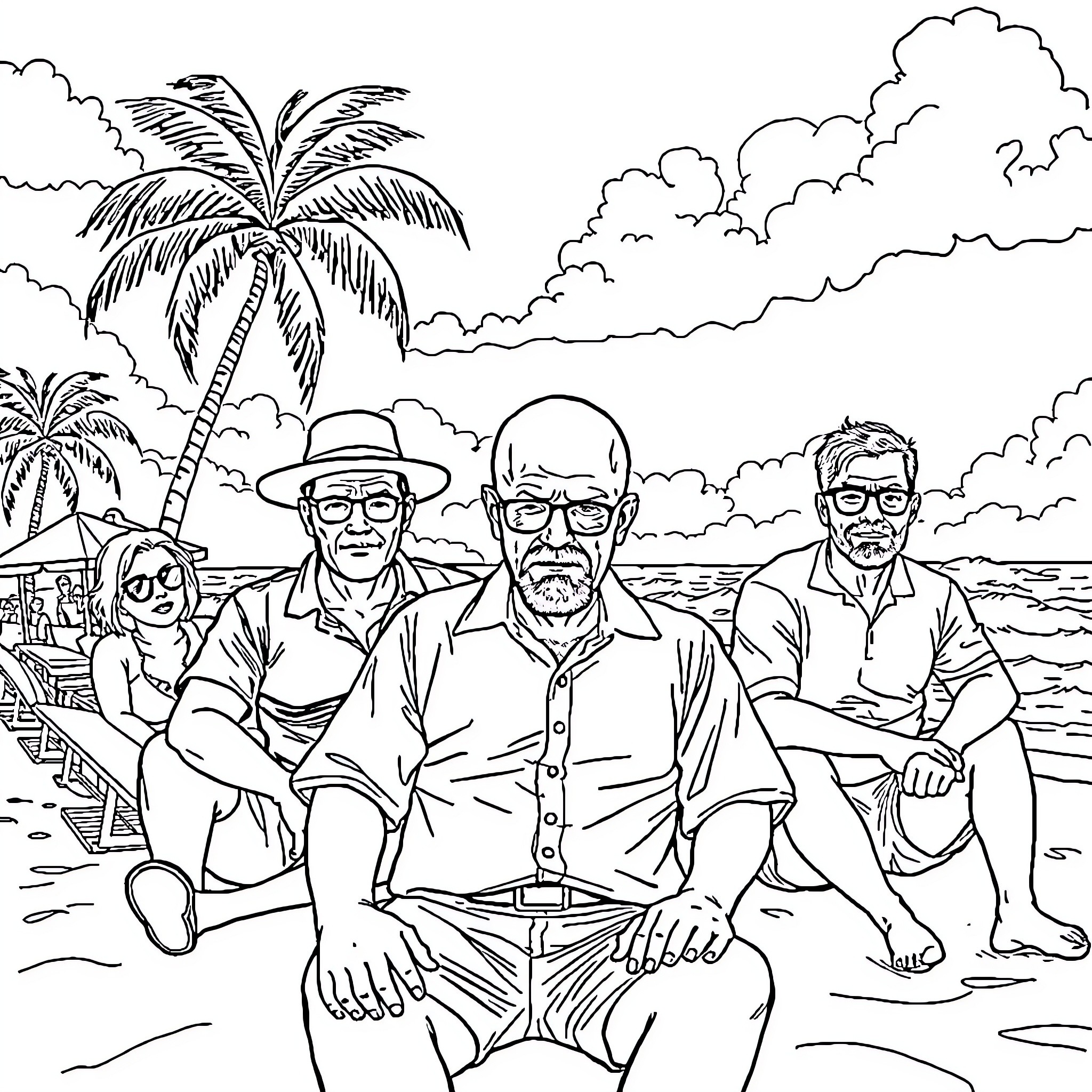 Walter White and friends on tropical beach vacation Coloring Page (free black-and-white line drawing printable PDF for all, from beginners to advanced learners, including children, teens, adults, and seniors)