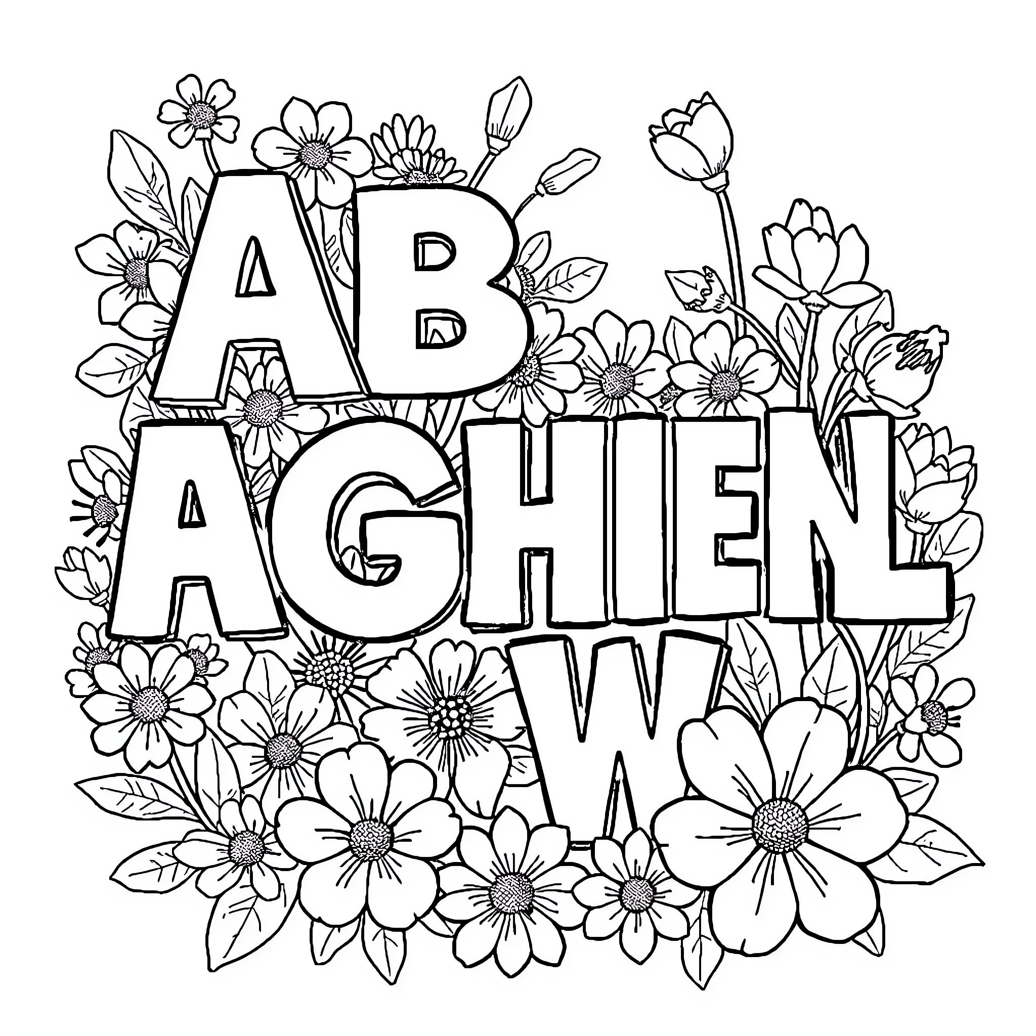 Alphabet Floral Arrangement with Daisy Flowers Coloring Page (free black-and-white line drawing printable PDF for all, from beginners to advanced learners, including children, teens, adults, and seniors)
