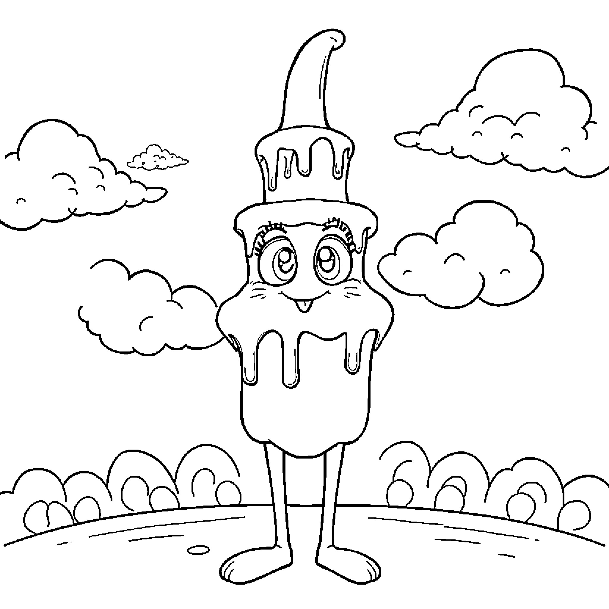 Chocolate Fountain Smiling Whimsically in the Clouds Coloring Page (free black-and-white line drawing printable PDF for all, from beginners to advanced learners, including children, teens, adults, and seniors)