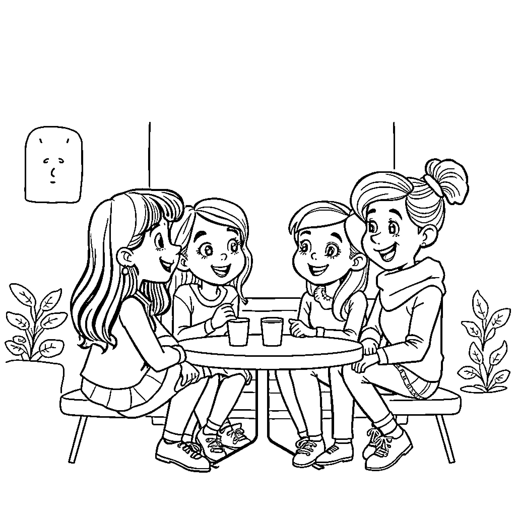 Gabby's Friendly Gathering with Friends Coloring Page (free black-and-white line drawing printable PDF for all, from beginners to advanced learners, including children, teens, adults, and seniors)