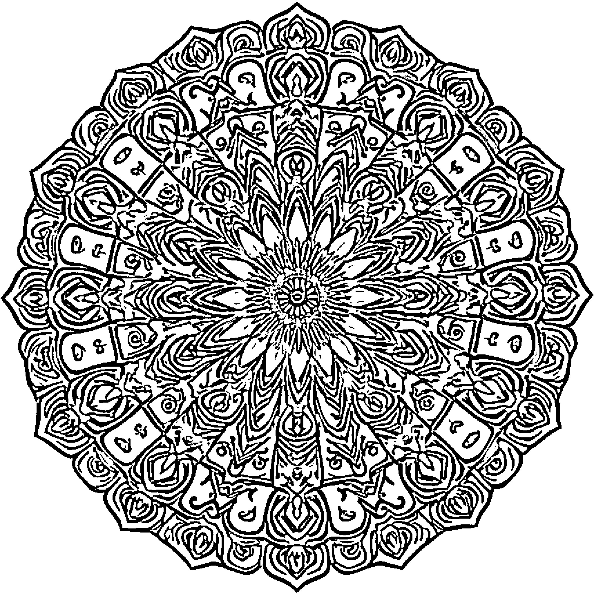 Mandala of intricate symmetrical patterns and geometric designs Coloring Page (free black-and-white line drawing printable PDF for all, from beginners to advanced learners, including children, teens, adults, and seniors)