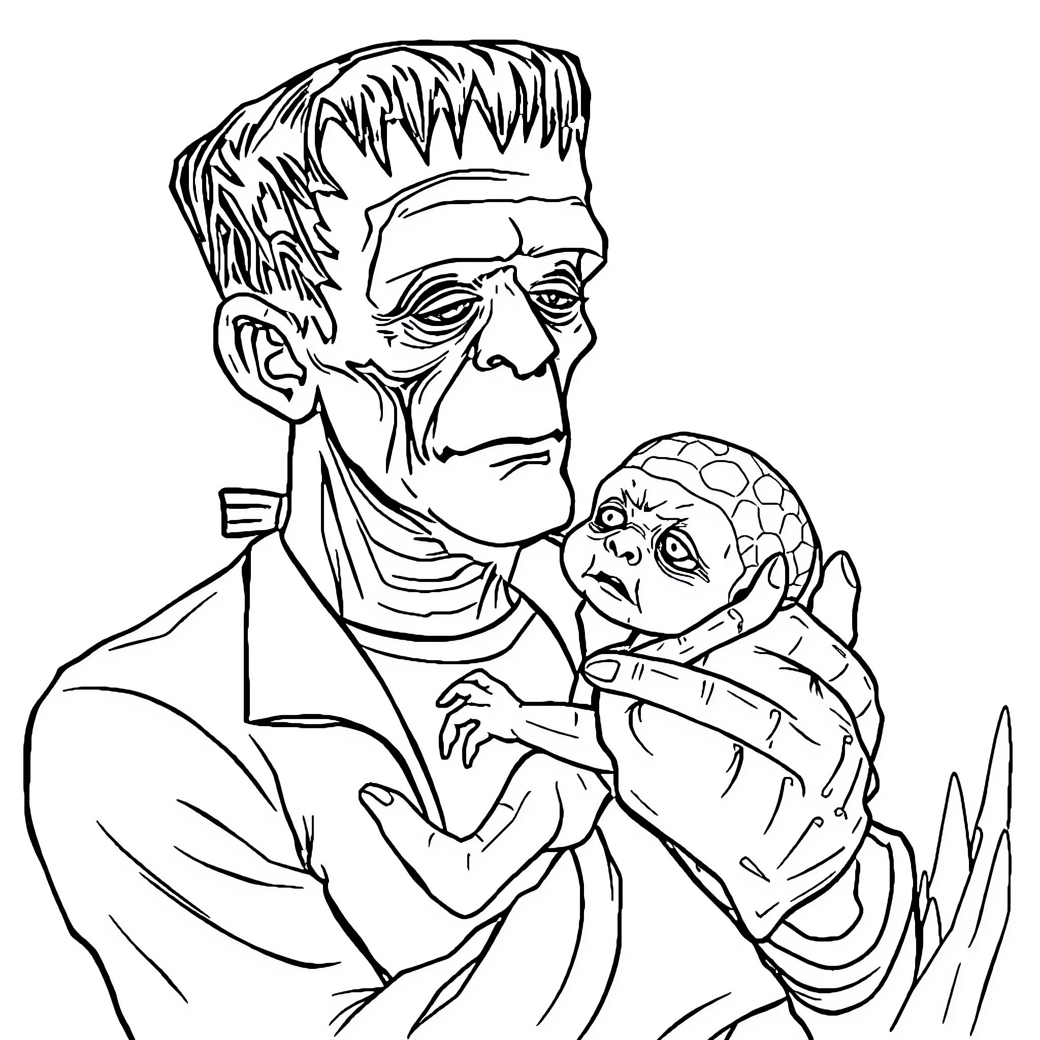 Frankenstein's monster cradling a small creature Coloring Page (free black-and-white line drawing printable PDF for all, from beginners to advanced learners, including children, teens, adults, and seniors)
