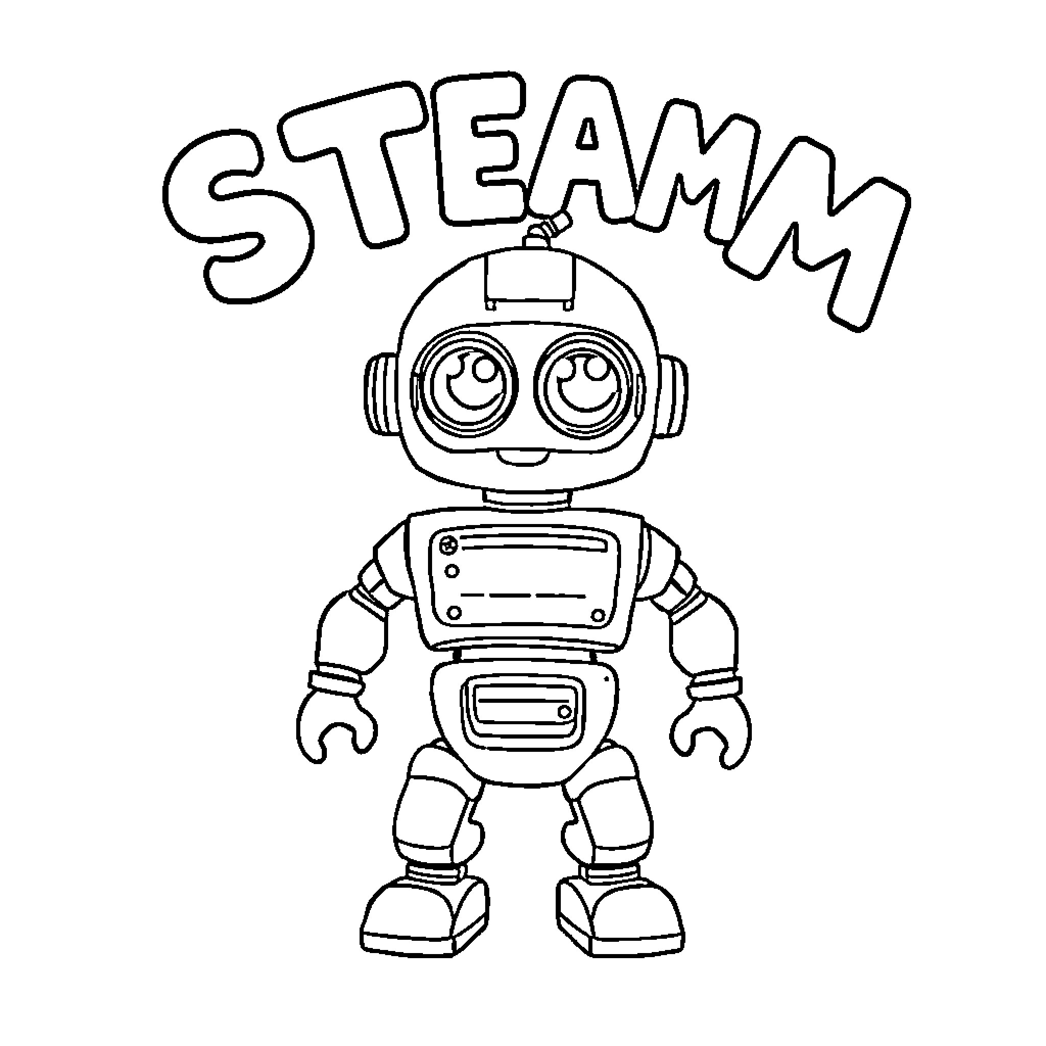Robot Excitedly Shouting 'STEAM' Coloring Page (free black-and-white line drawing printable PDF for all, from beginners to advanced learners, including children, teens, adults, and seniors)