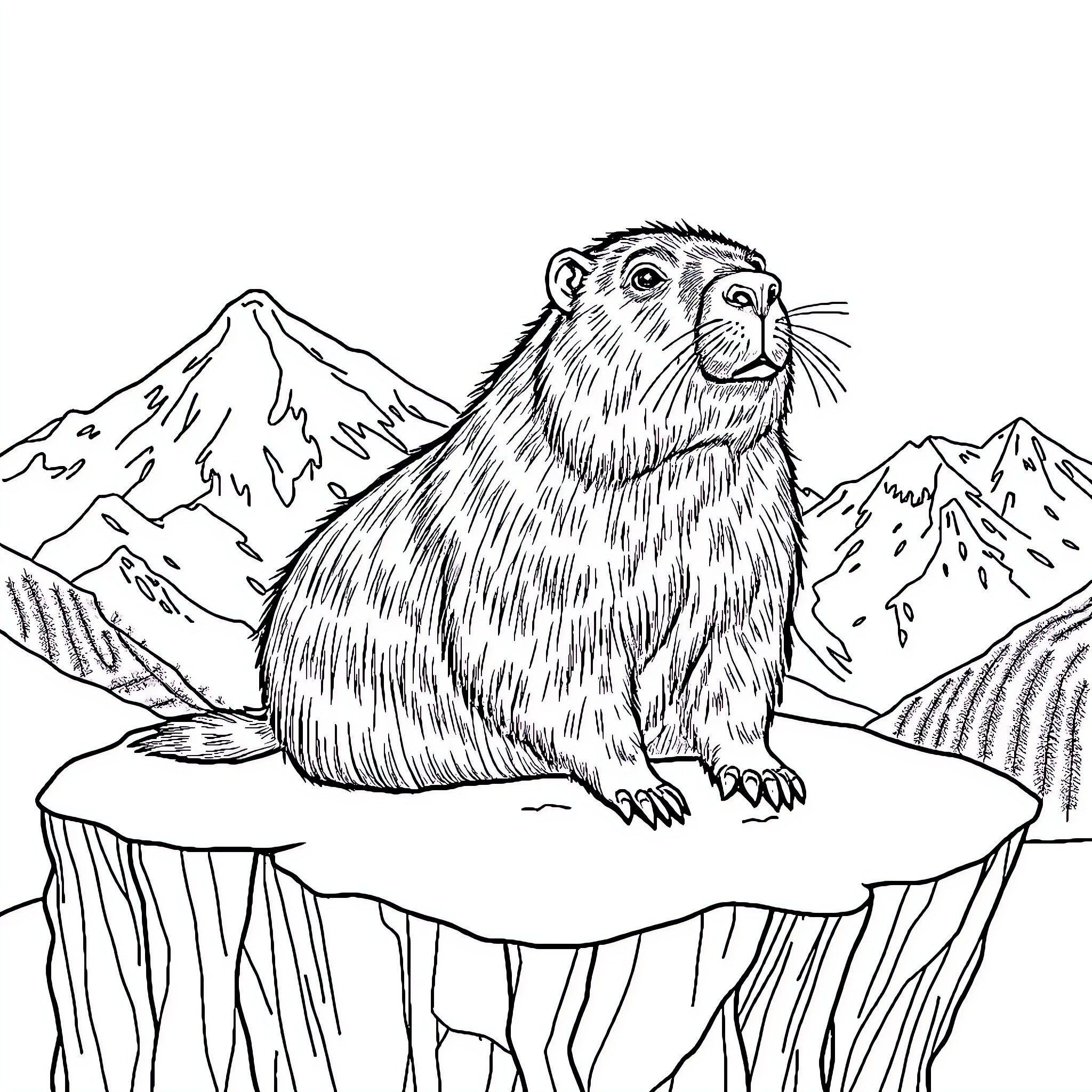 Capybara resting on cliff with mountain scenery Coloring Page (free black-and-white line drawing printable PDF for all, from beginners to advanced learners, including children, teens, adults, and seniors)