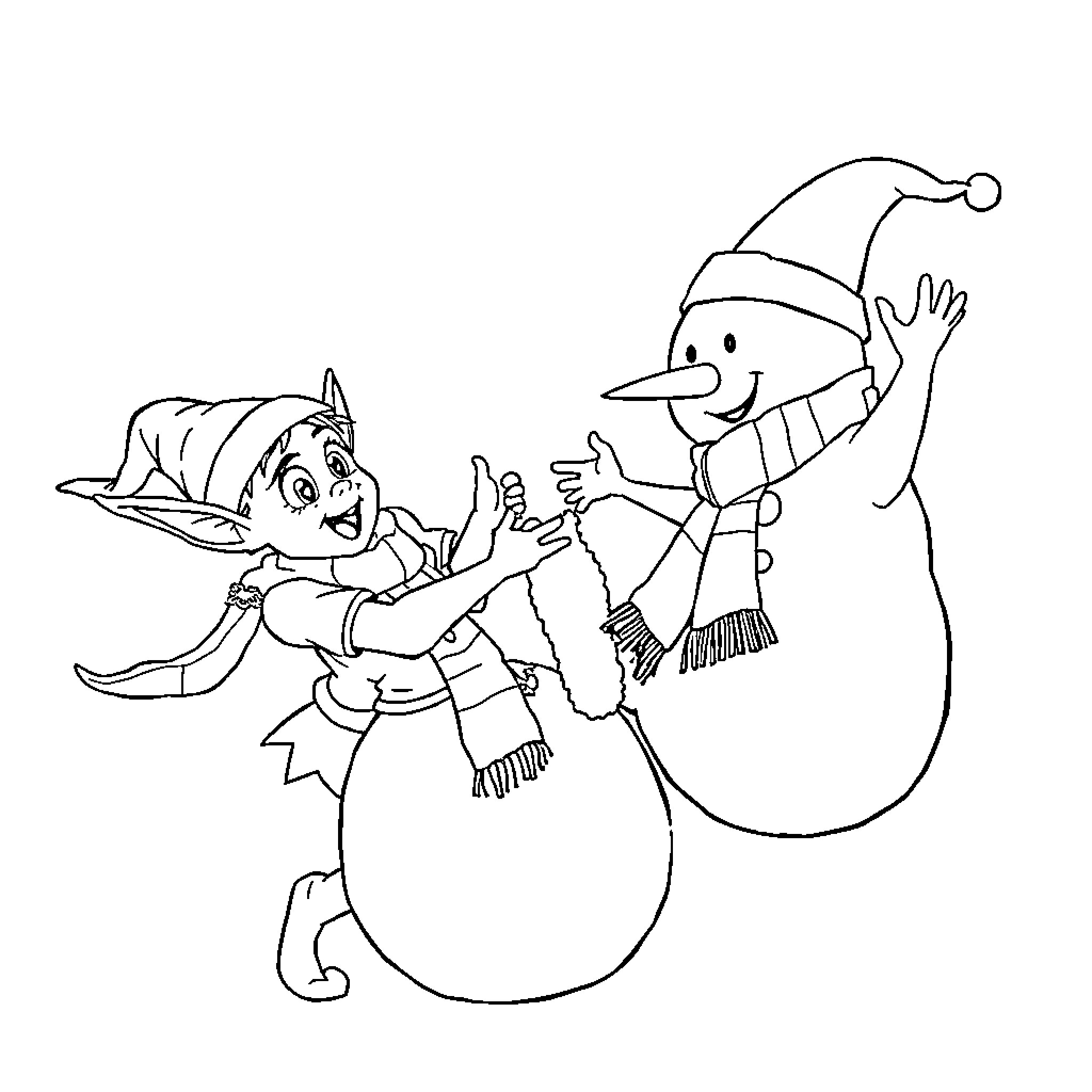 Snowman and elf playing in the snow Coloring Page (free black-and-white line drawing printable PDF for all, from beginners to advanced learners, including children, teens, adults, and seniors)
