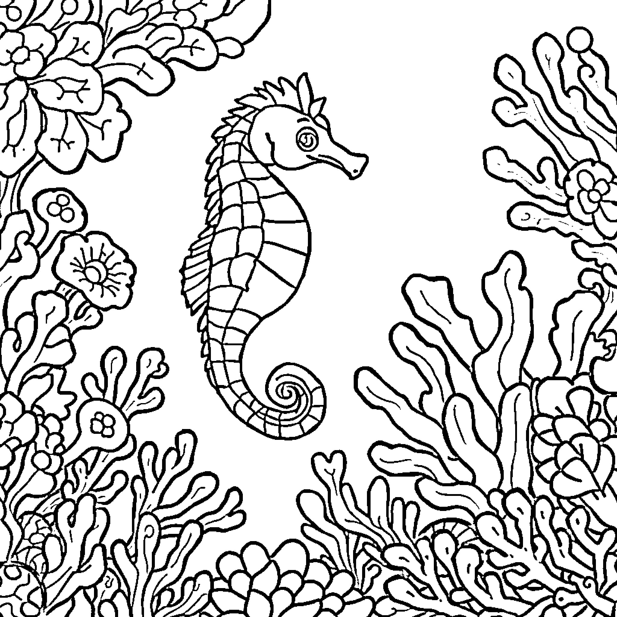 Seahorse swimming among vibrant sea plants Coloring Page (free black-and-white line drawing printable PDF for all, from beginners to advanced learners, including children, teens, adults, and seniors)