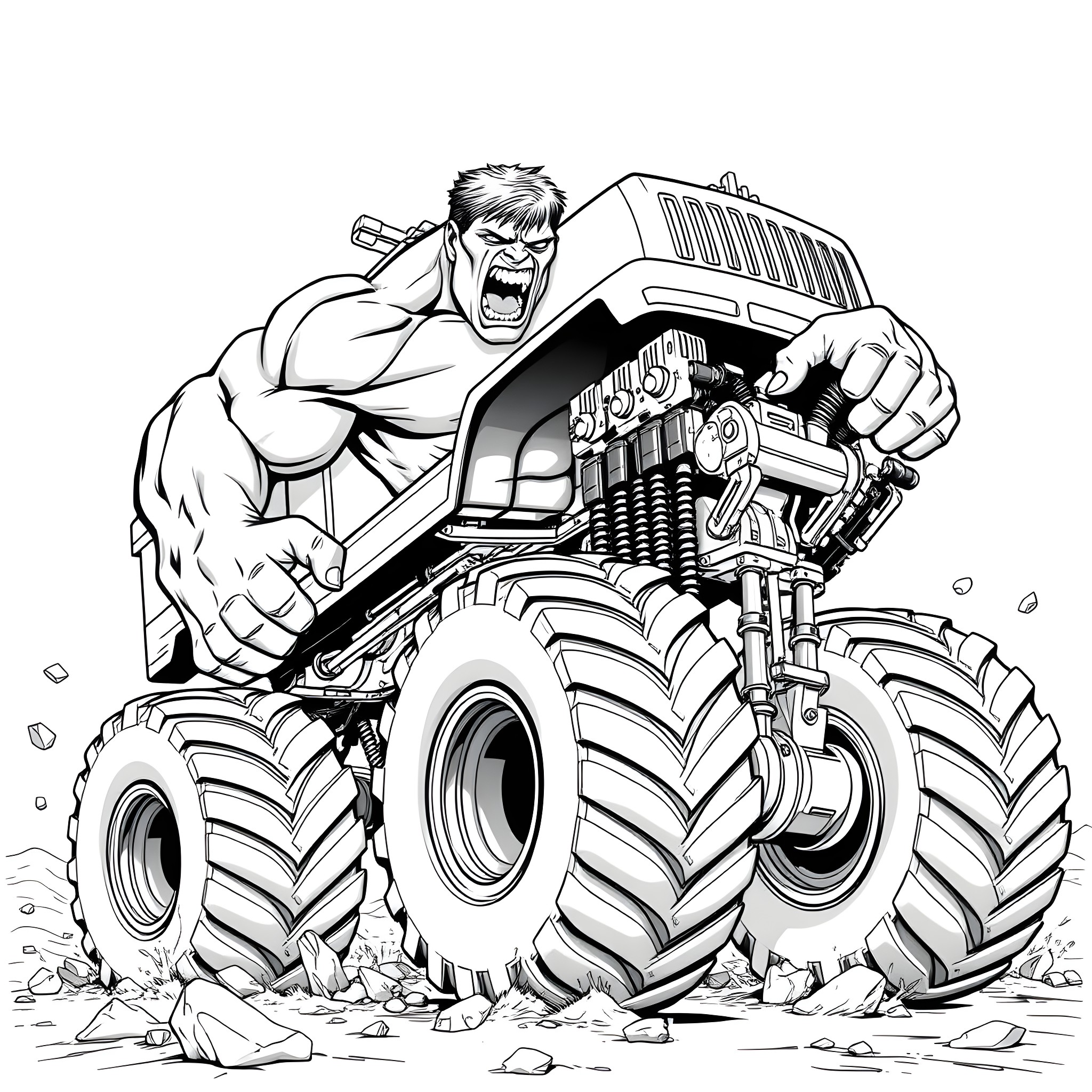 Hulk driving a monstrous truck through the terrain Coloring Page (free black-and-white line drawing printable PDF for all, from beginners to advanced learners, including children, teens, adults, and seniors)