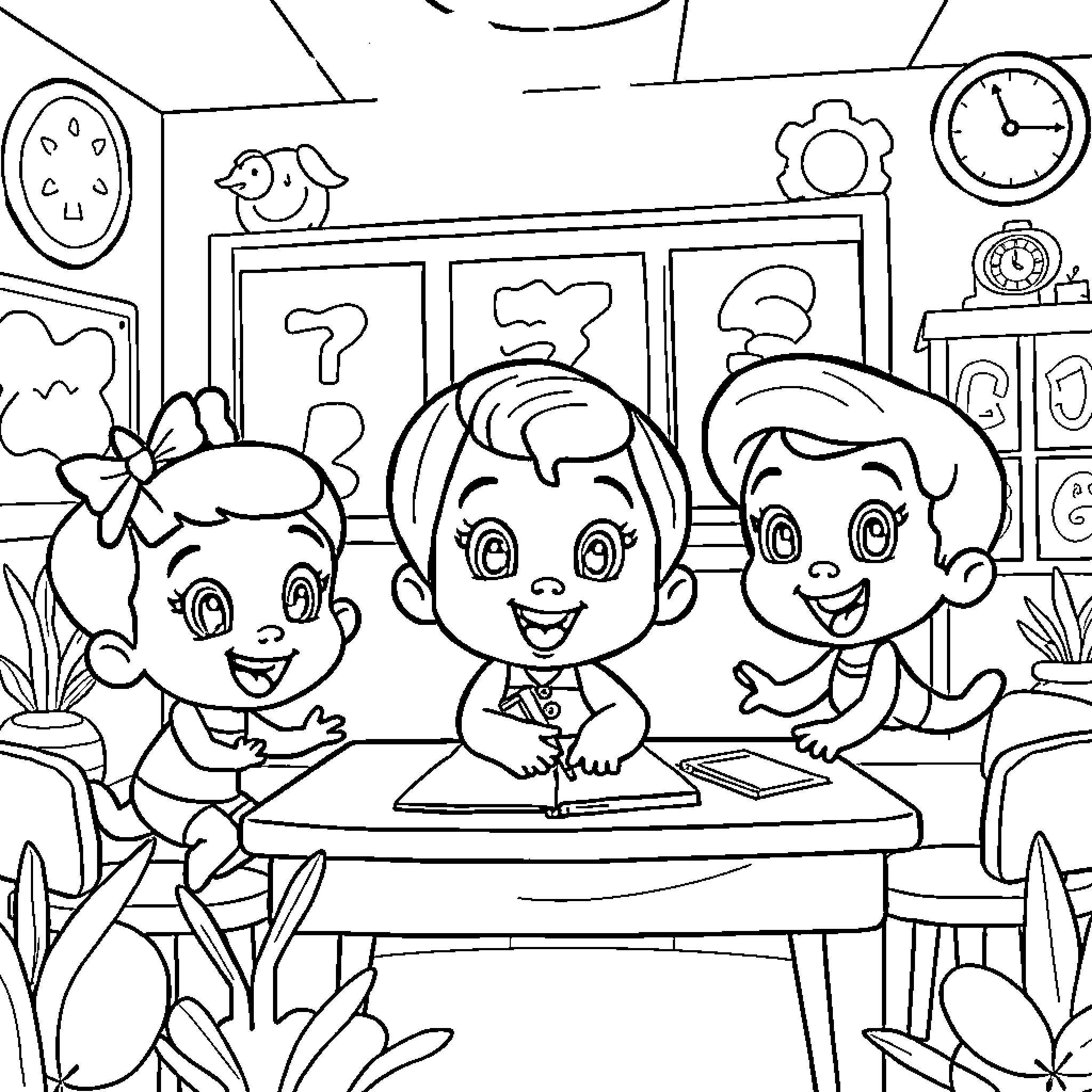 Bubble Guppies enjoying learning in the classroom Coloring Page (free black-and-white line drawing printable PDF for all, from beginners to advanced learners, including children, teens, adults, and seniors)