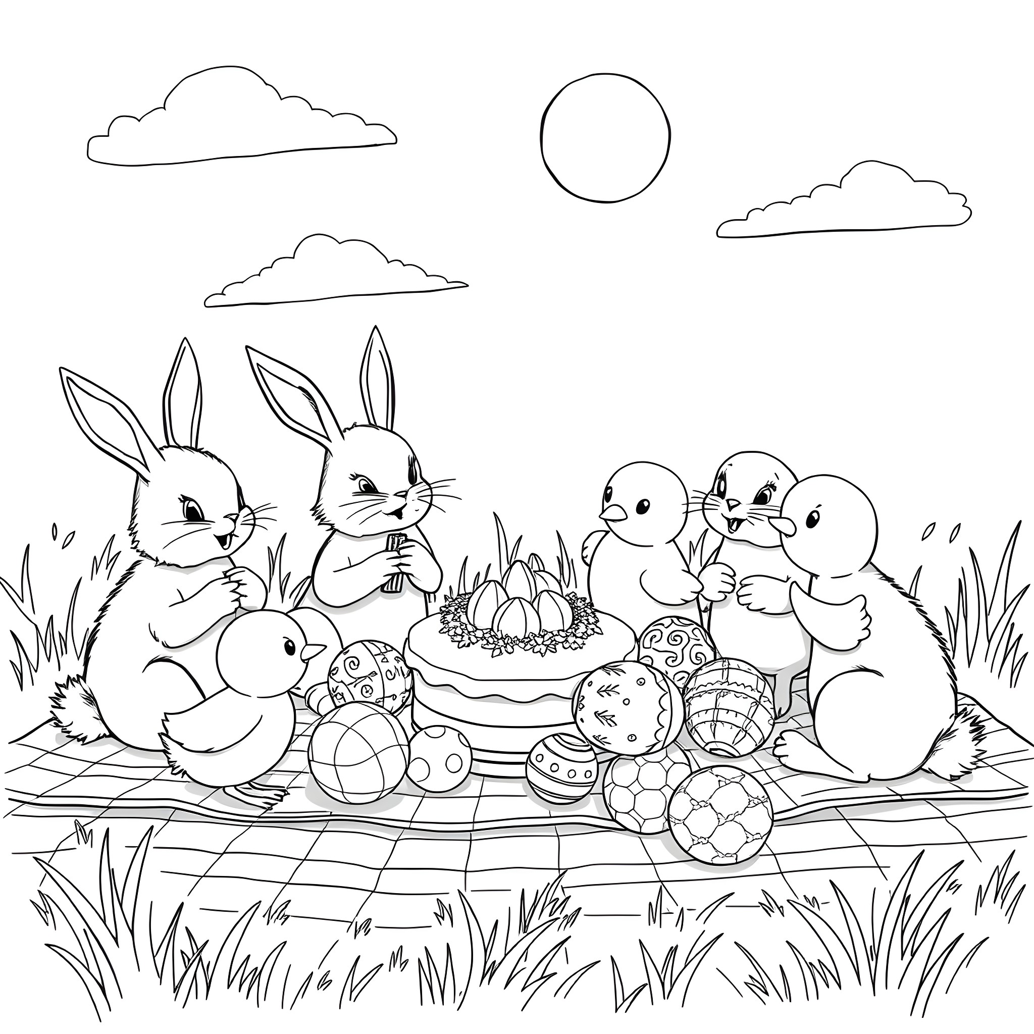 Bunny friends celebrating Easter together Coloring Page (free black-and-white line drawing printable PDF for all, from beginners to advanced learners, including children, teens, adults, and seniors)