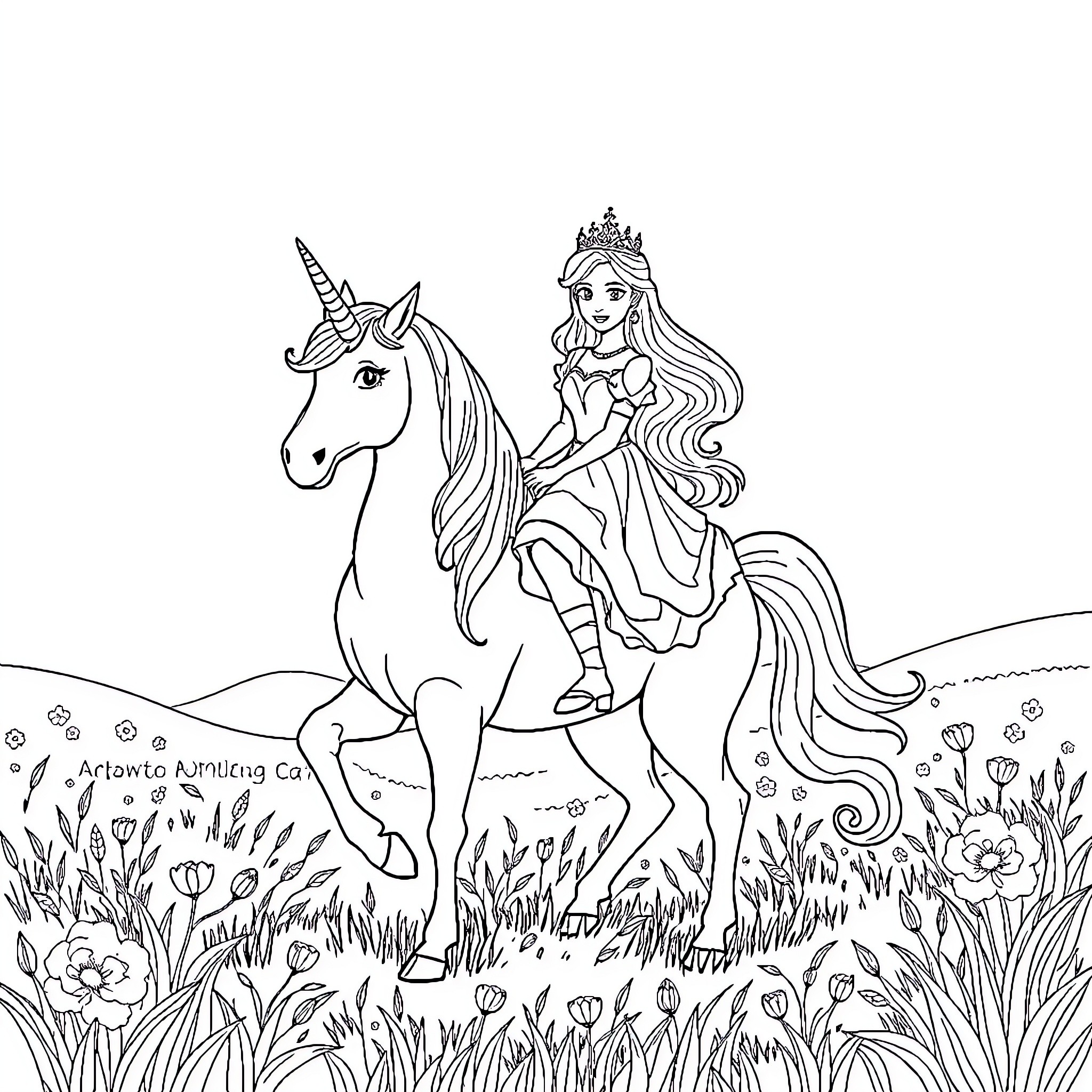 Princess riding a unicorn through a meadow Coloring Page (free black-and-white line drawing printable PDF for all, from beginners to advanced learners, including children, teens, adults, and seniors)