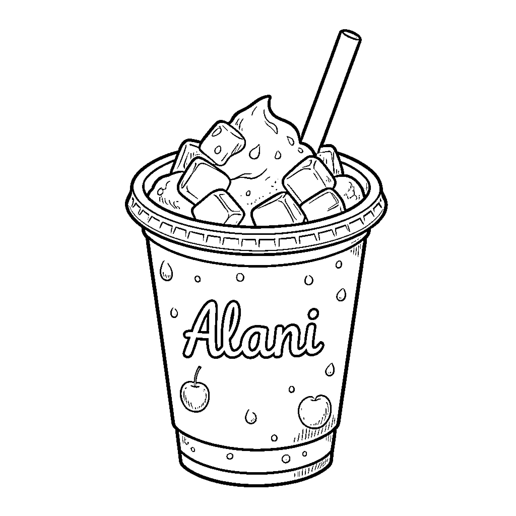 Cherry themed iced drink with whipped cream and straw Coloring Page (free black-and-white line drawing printable PDF for all, from beginners to advanced learners, including children, teens, adults, and seniors)