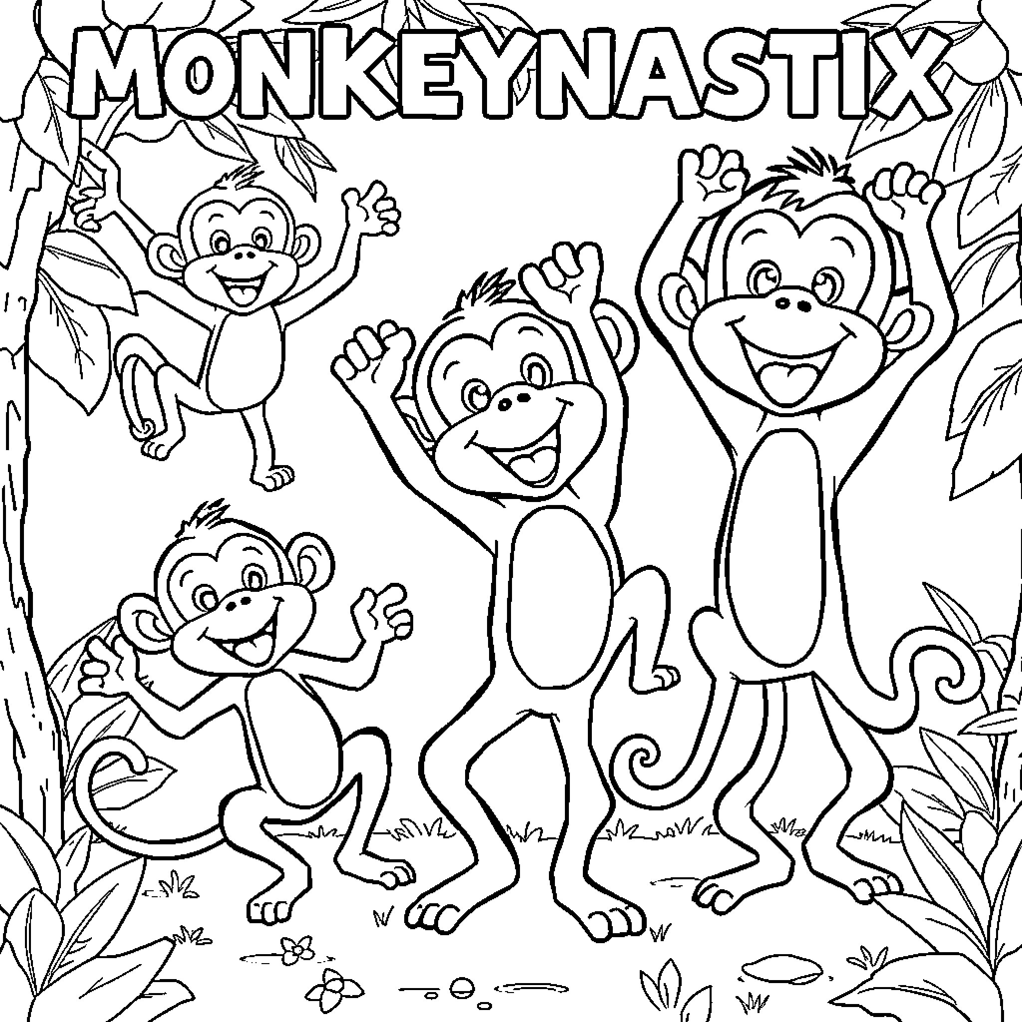 Monkeynastix: Joyful Monkeys Frolicking in the Jungle Coloring Page (free black-and-white line drawing printable PDF for all, from beginners to advanced learners, including children, teens, adults, and seniors)