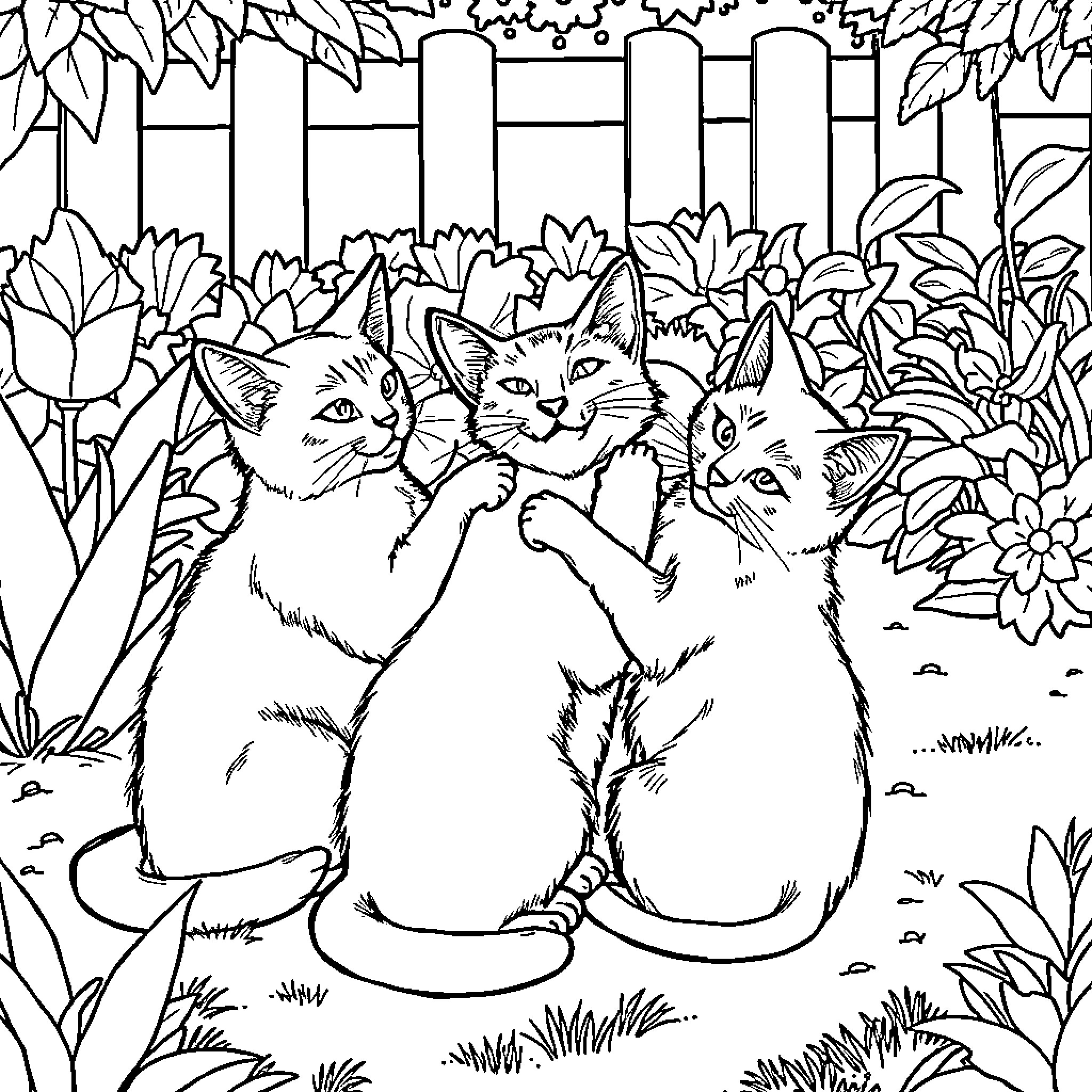 Gato Cats Exploring Lush Garden Coloring Page (free black-and-white line drawing printable PDF for all, from beginners to advanced learners, including children, teens, adults, and seniors)
