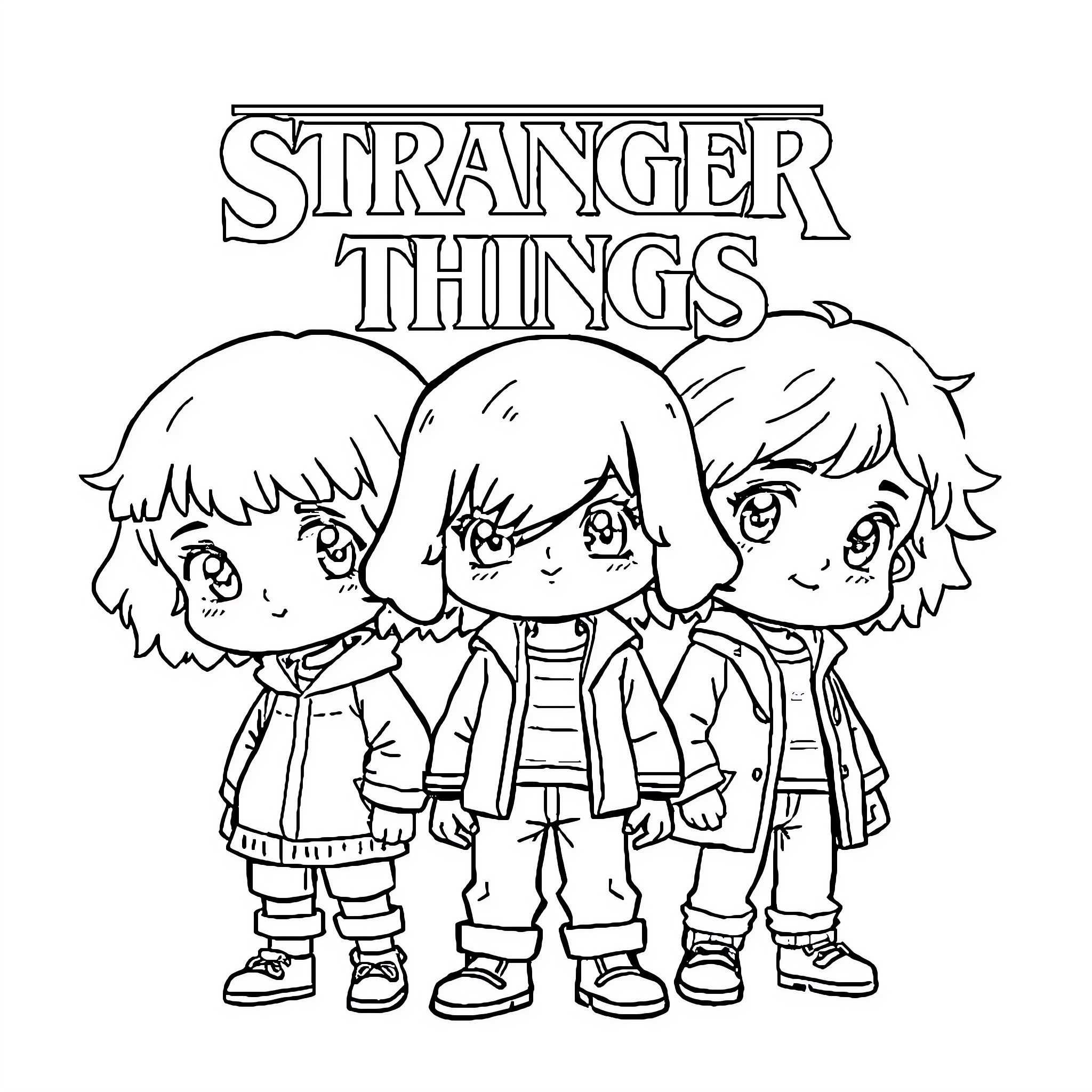 Stranger Things: Trio of Adventurous Characters Coloring Page (free black-and-white line drawing printable PDF for all, from beginners to advanced learners, including children, teens, adults, and seniors)