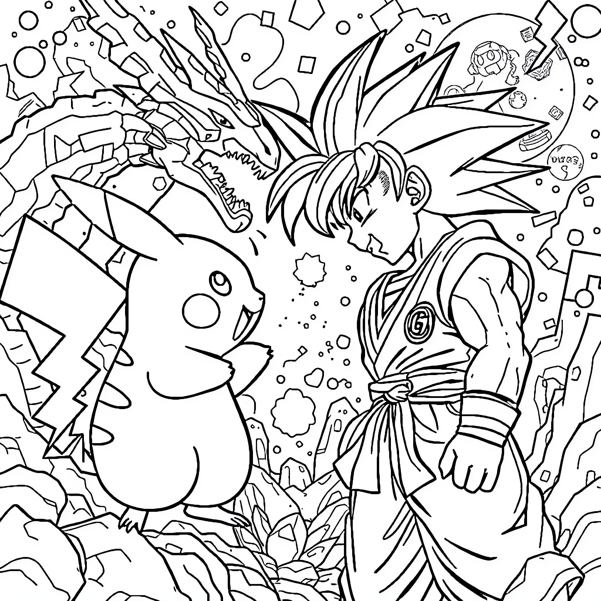 Pikachu and Anime Character in a Fantastical Scene Coloring Page (free black-and-white line drawing printable PDF for all, from beginners to advanced learners, including children, teens, adults, and seniors)
