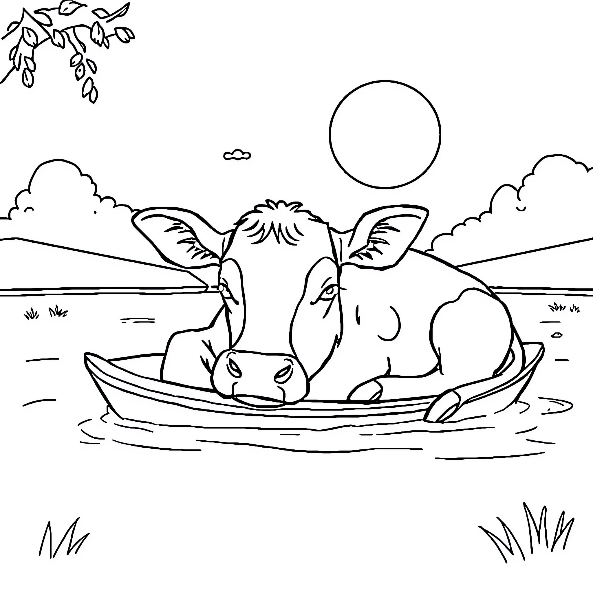 Vache relaxing in a boat on a peaceful lake Coloring Page (free black-and-white line drawing printable PDF for all, from beginners to advanced learners, including children, teens, adults, and seniors)