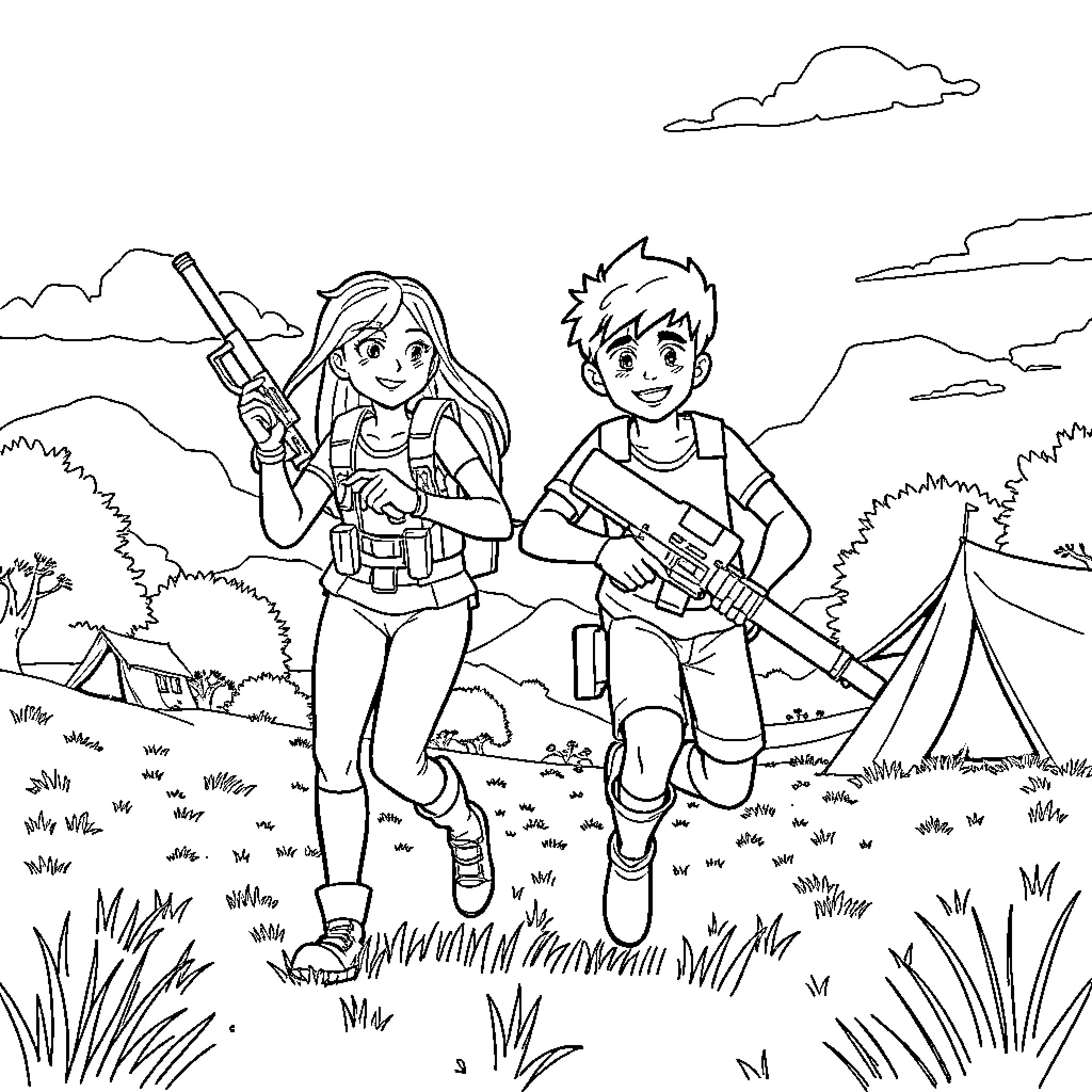Violet and the young adventurer explore the wilderness Coloring Page (free black-and-white line drawing printable PDF for all, from beginners to advanced learners, including children, teens, adults, and seniors)