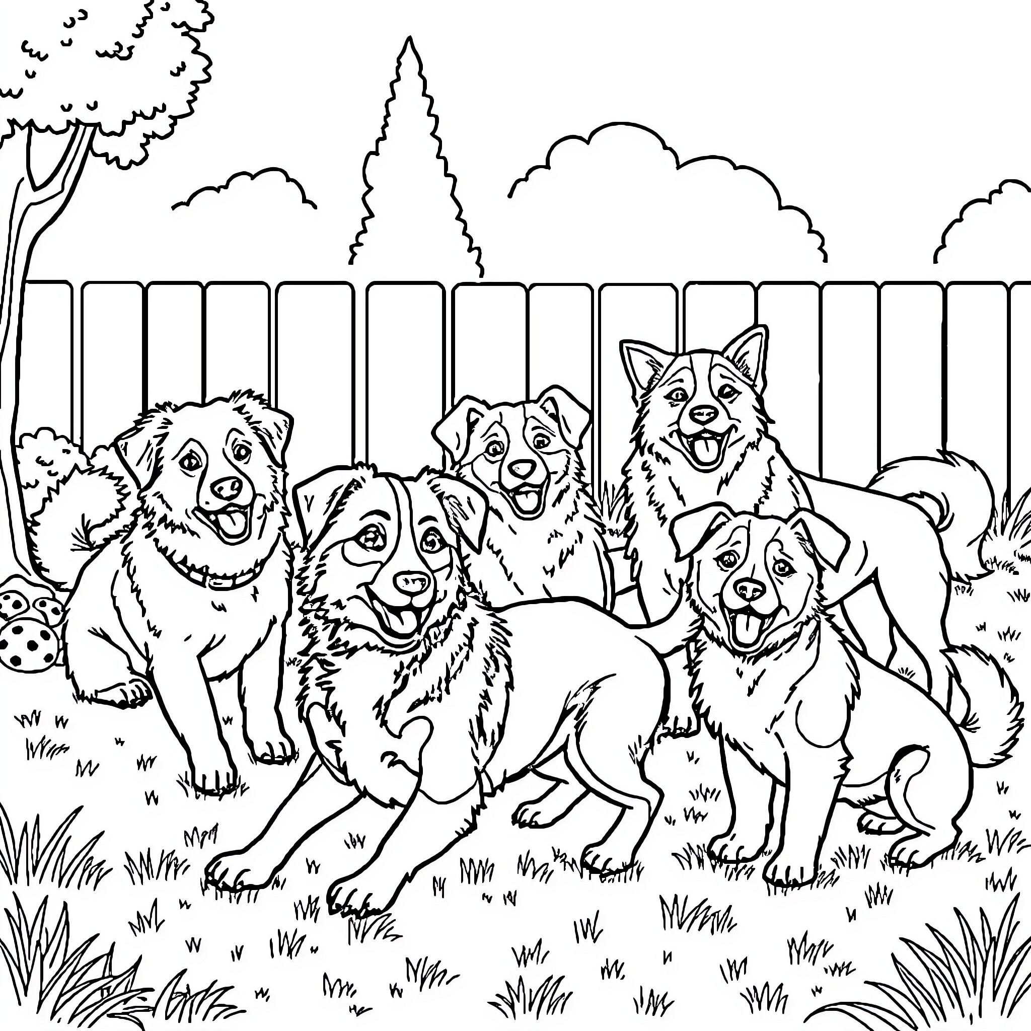 Dogs playing happily in the backyard Coloring Page (free black-and-white line drawing printable PDF for all, from beginners to advanced learners, including children, teens, adults, and seniors)