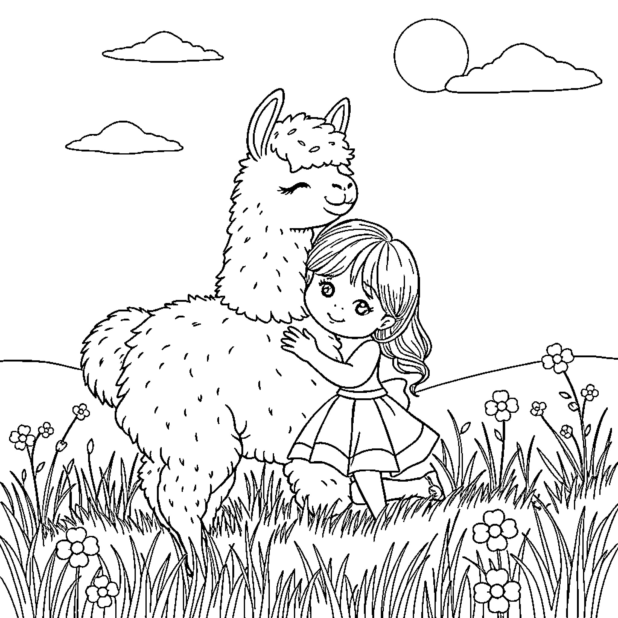 Llama comforting a child in a grassy field Coloring Page (free black-and-white line drawing printable PDF for all, from beginners to advanced learners, including children, teens, adults, and seniors)