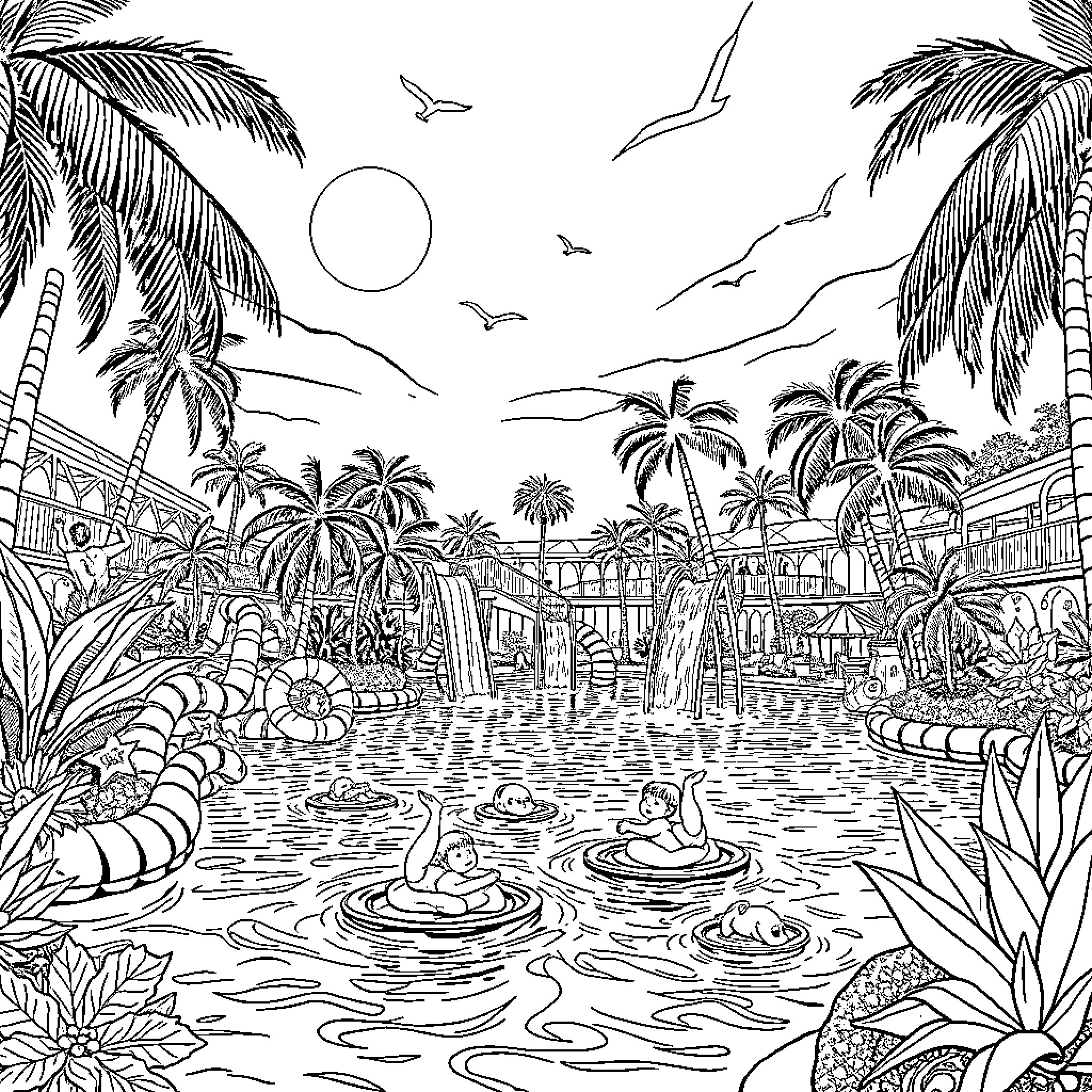 Water Park with Lively Summer Scenes Coloring Page (free black-and-white line drawing printable PDF for all, from beginners to advanced learners, including children, teens, adults, and seniors)