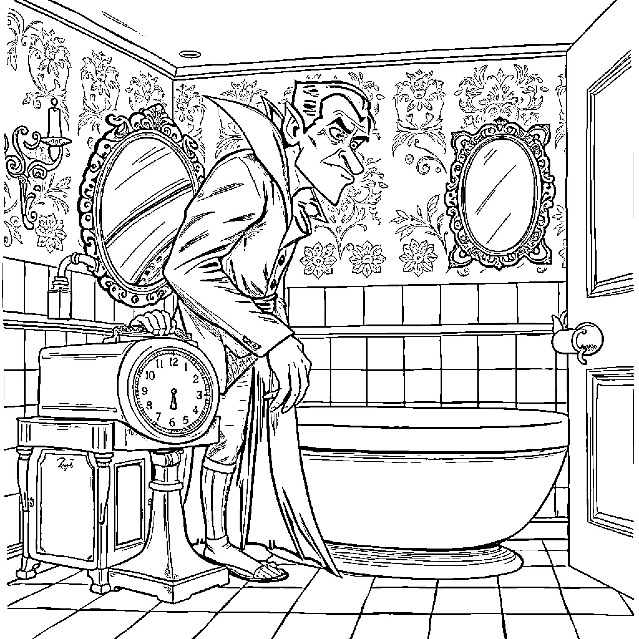 Dracula in Ornate Bathroom Setting Coloring Page (free black-and-white line drawing printable PDF for all, from beginners to advanced learners, including children, teens, adults, and seniors)