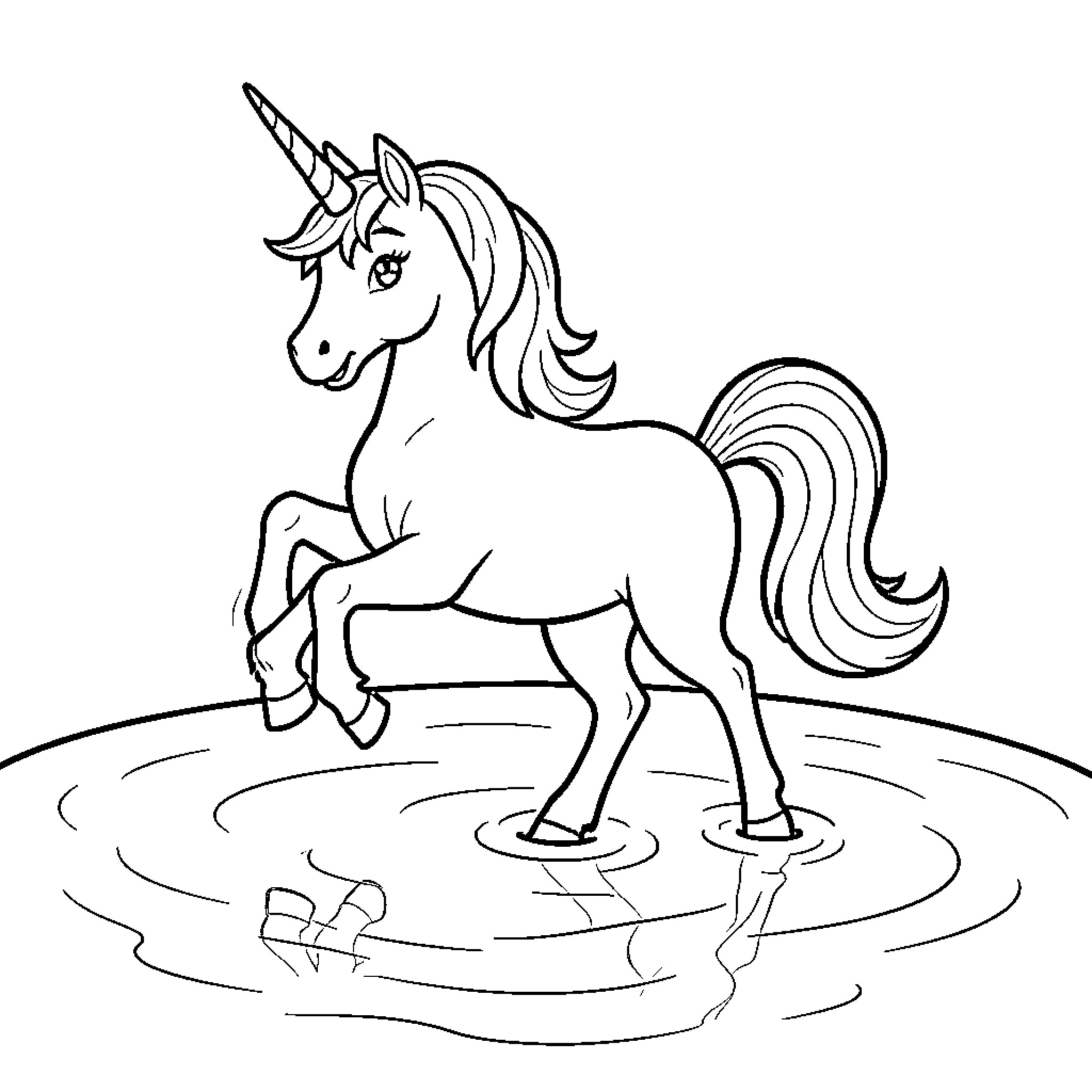 Licorne standing gracefully in a shallow pool of water Coloring Page (free black-and-white line drawing printable PDF for all, from beginners to advanced learners, including children, teens, adults, and seniors)