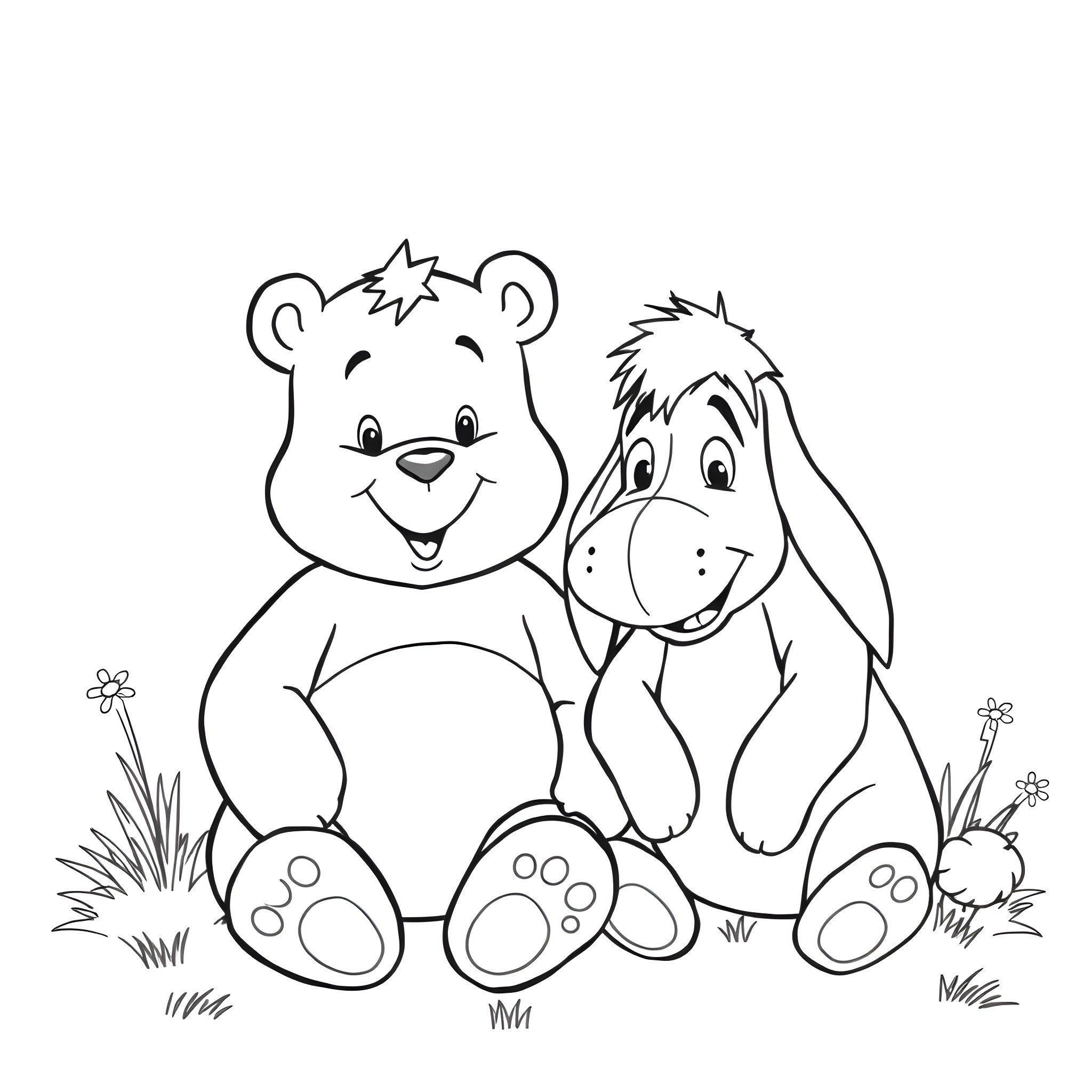 Care Bear and Bunny Friends in Meadow Coloring Page (free black-and-white line drawing printable PDF for all, from beginners to advanced learners, including children, teens, adults, and seniors)